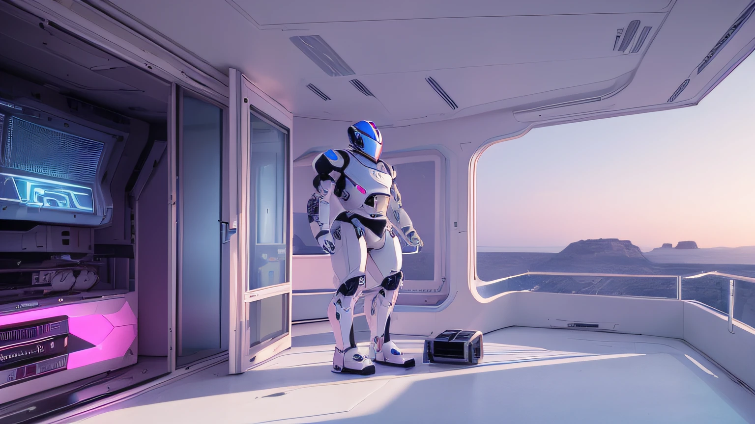 view from a balcony, 80s, Old 90s, 80s, futuristic 80s, White and Pink . a small empty room, with a male robot sitting on the sofa, white and blue. Technological details, futuristic. Music. Speakers. . a muscle robot. Alien structures, A robotic silhouette in the background, A distant robot man. music Alien structures, White and Pink , 8K, Realistic photo, deep color, fantastical, intricate detail, splash screen, complementary colors, 8k resolution trending on Artstation Unreal Engine 5" , Alien structures, music ,