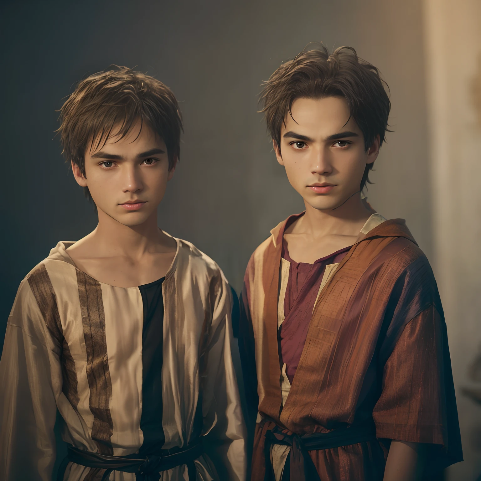 Two boys dressed in biblical clothes standing next to each other, joseph and joseph, Petros e Leonid,  moreno e menino, Directed by: Matthias Weischer, Directed by: Antoni Pitxot, Directed by: Laszlo Balogh, Directed by: Artur Tarnowski, Directed by: Daniel Seghers, Directed by: Etienne Delessert, Por Maciej Kuciara