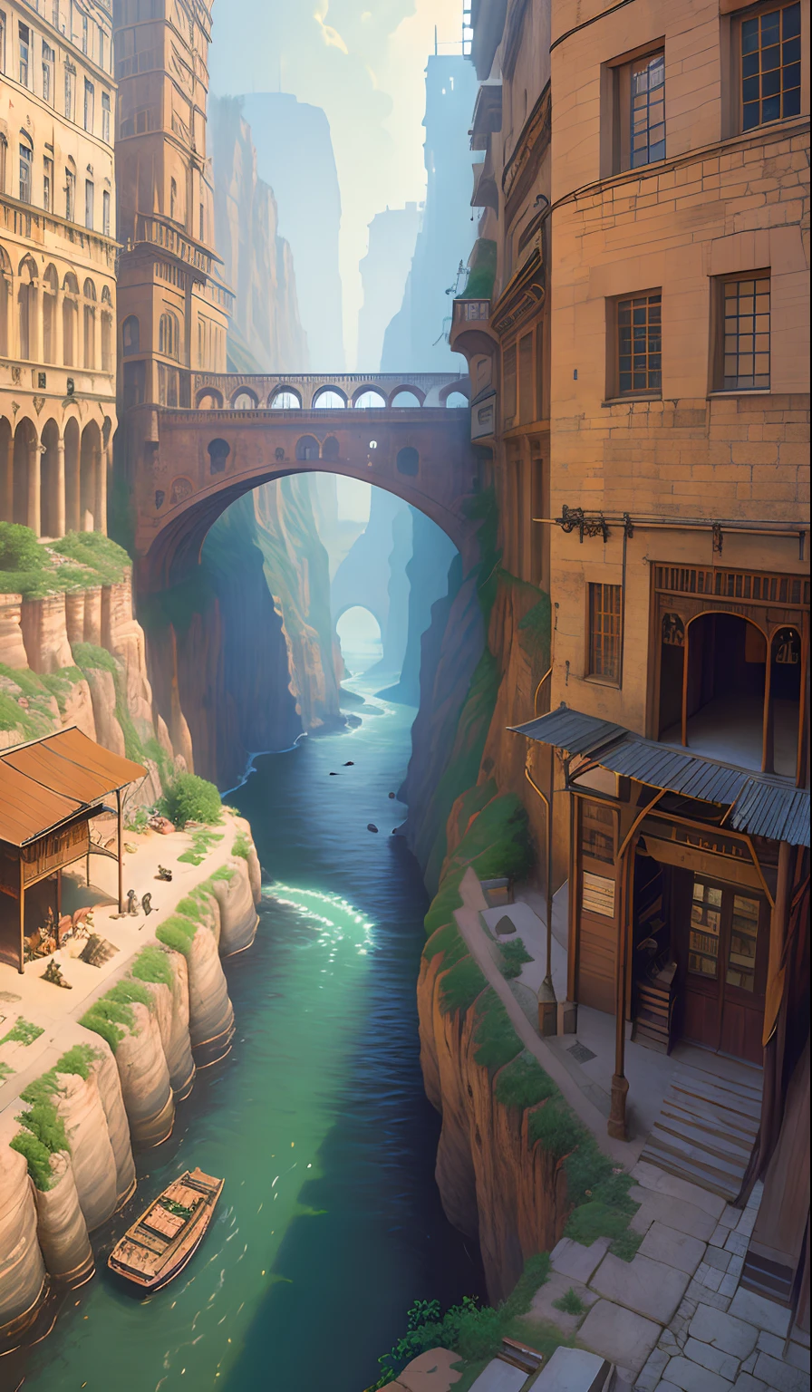 ((masterpiece)),((best quality)),((high detial)),((realistic,))
Industrial age city, deep canyons in the middle, architectural streets, bazaars, Bridges, rainy days, steampunk, European architecture