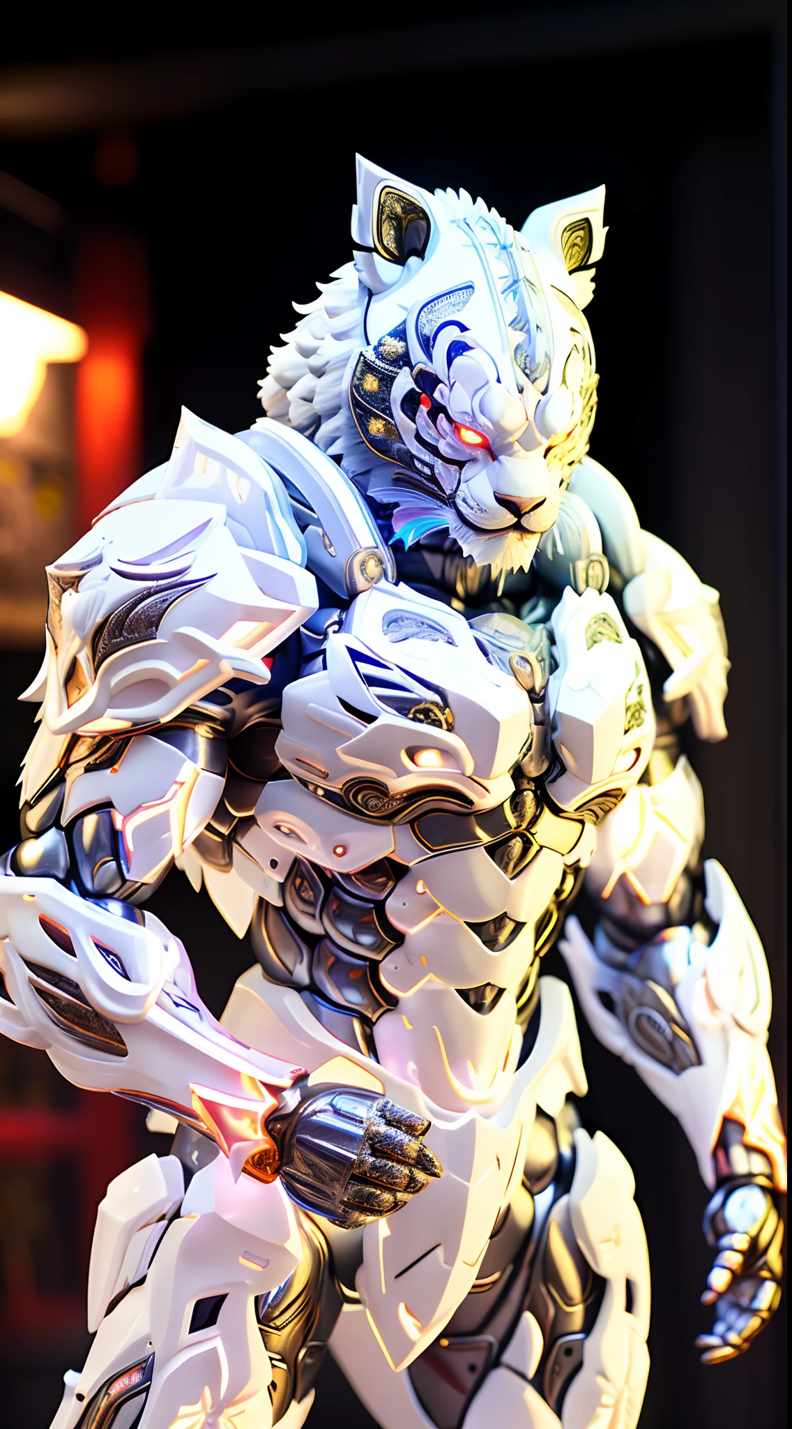 CHINESE WHITE TIGER, TIGER HEAD, HEAVY CRYSTAL ARMOR, TRANSPARANT, MUSCLE BODY.