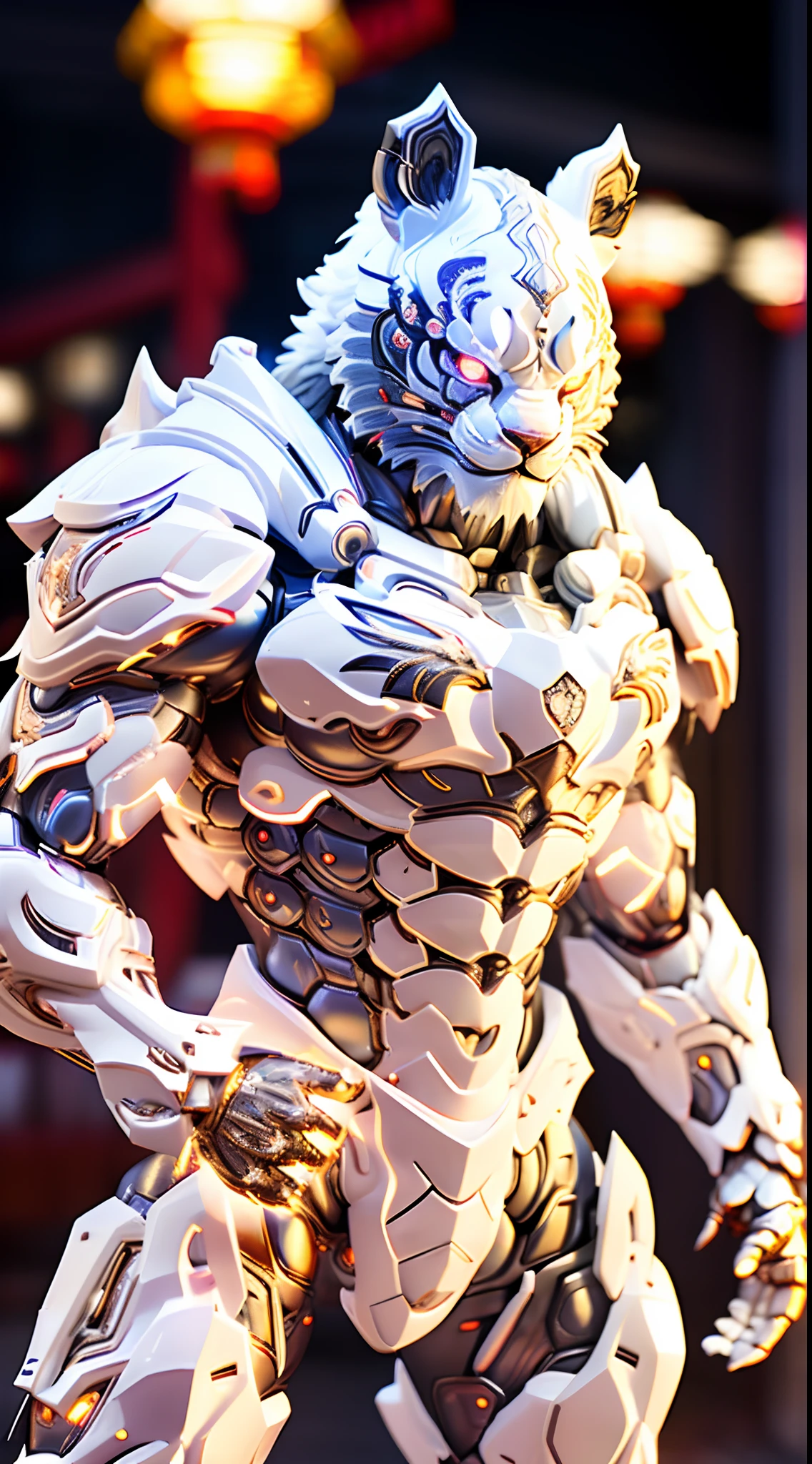 CHINESE WHITE LION, LION HEAD, HEAVY CRYSTAL ARMOR, TRANSPARANT, MUSCLE BODY.