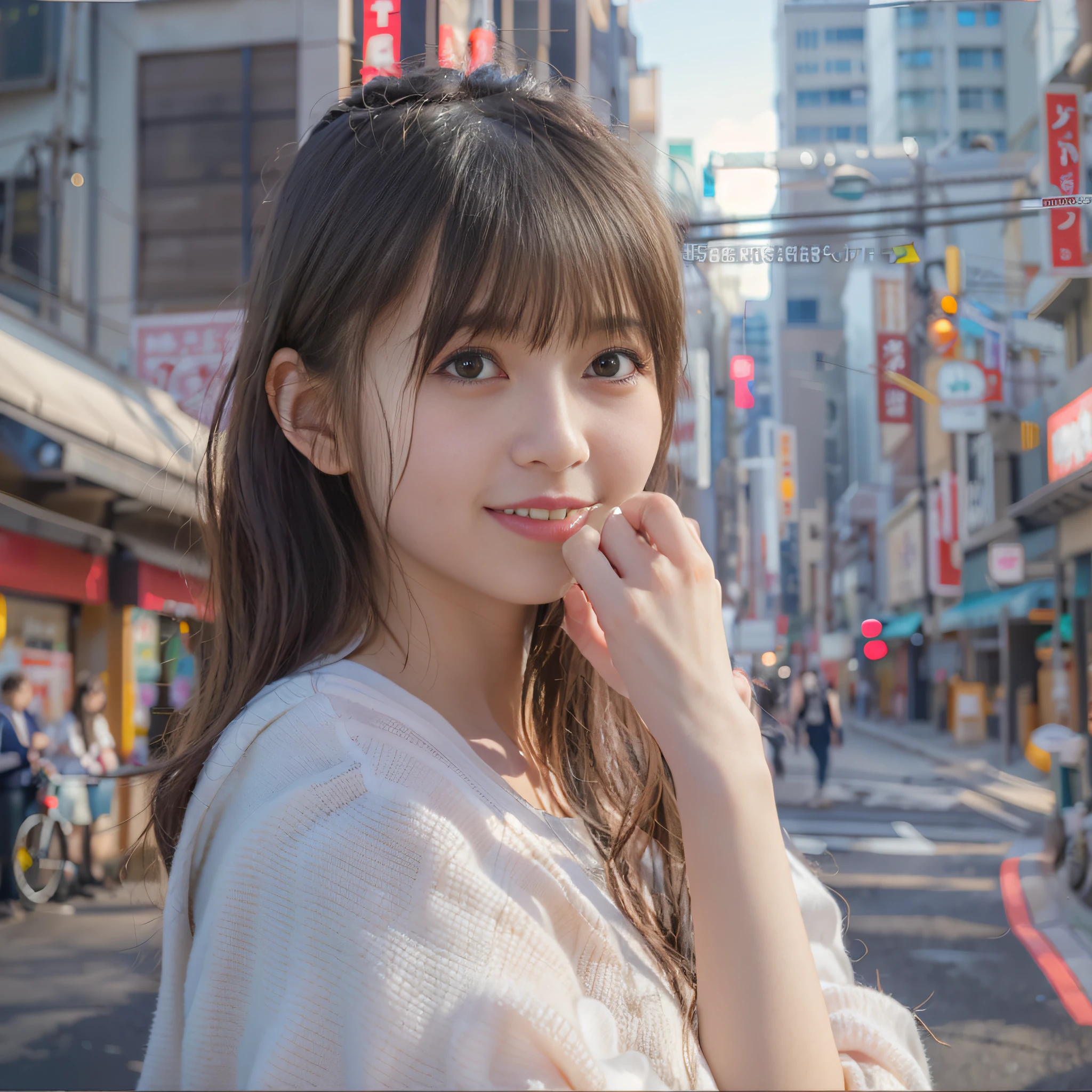 女の子1人、on tokyo street、A city scape、The upper part of the body、a closeup、A smile、、(8K、Raw photography、top-quality、masterpiece:1.2)、(realisitic、photoRealstic:1.37)、Highly detailed eyelash drawing、(((Top image quality))),Colossal tits、Fine skin, (Beautiful hair), (Perfect Anatomy), (Realistic), (Dynamic Angle), Pose Seductive,Perfect,Sensual look、top-quality、hight resolution、