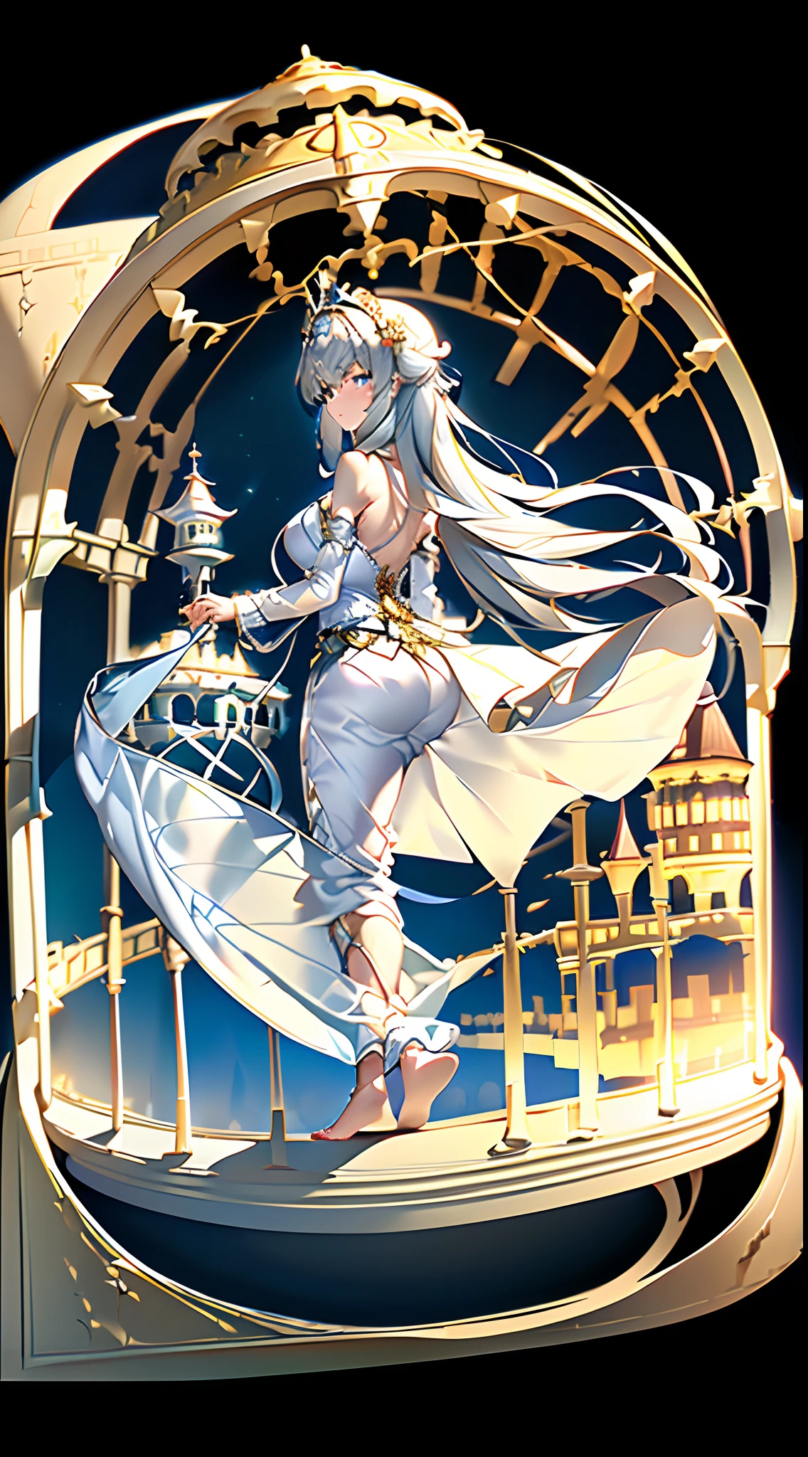(Extremely detailed floating city:1.3), ((1 detailed mirage castle floats on it
cloud)and(Detailed buoy spire illusion, Detailed floating clock tower
fantasy)and(Highly transparent mirage)and(Detailed view of the base
Mirage Castle)),Ultra-detailed,extremely detailed and beautiful, Sky and white
Cloud and sunset glow background,Ultra-fine bird, (Floating city in bloom, Floating petals, A garden in bloom in the sky, Many vines on the wall:1.2)
imagination, Dream
/=
(Girl inside the floating city:1.3), (1 girl away from the camera:1.2), (Ultra-wide angle
lens), (back), Behind the head, Holy light, White dress, (full bodyesbian), Bare feet, (Backless dress), Solo