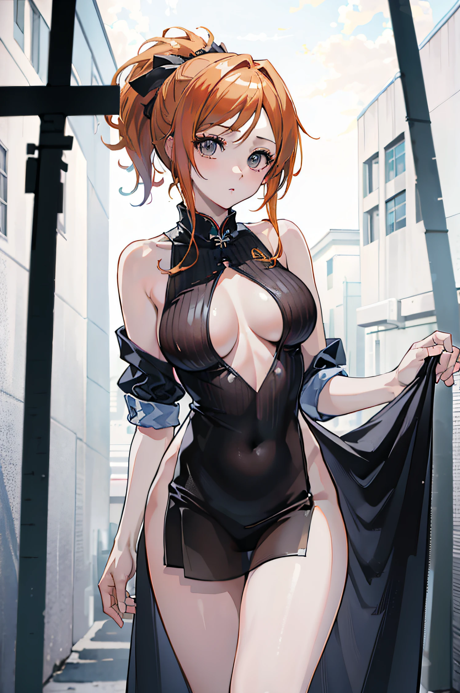 (masterpiece, best quality:1.2), cowboy shot, solo, 1girl, orihime inoue, cheongsam, lewd, NSFW, nip slip, revealing outfit, big breasts, katana, sexy back, sleeveless, minimal clothing, ponytail, beautiful, wardrobe malfunction, looking at viewer, absurdres, high res, ultrasharp, 8k, masterpiece