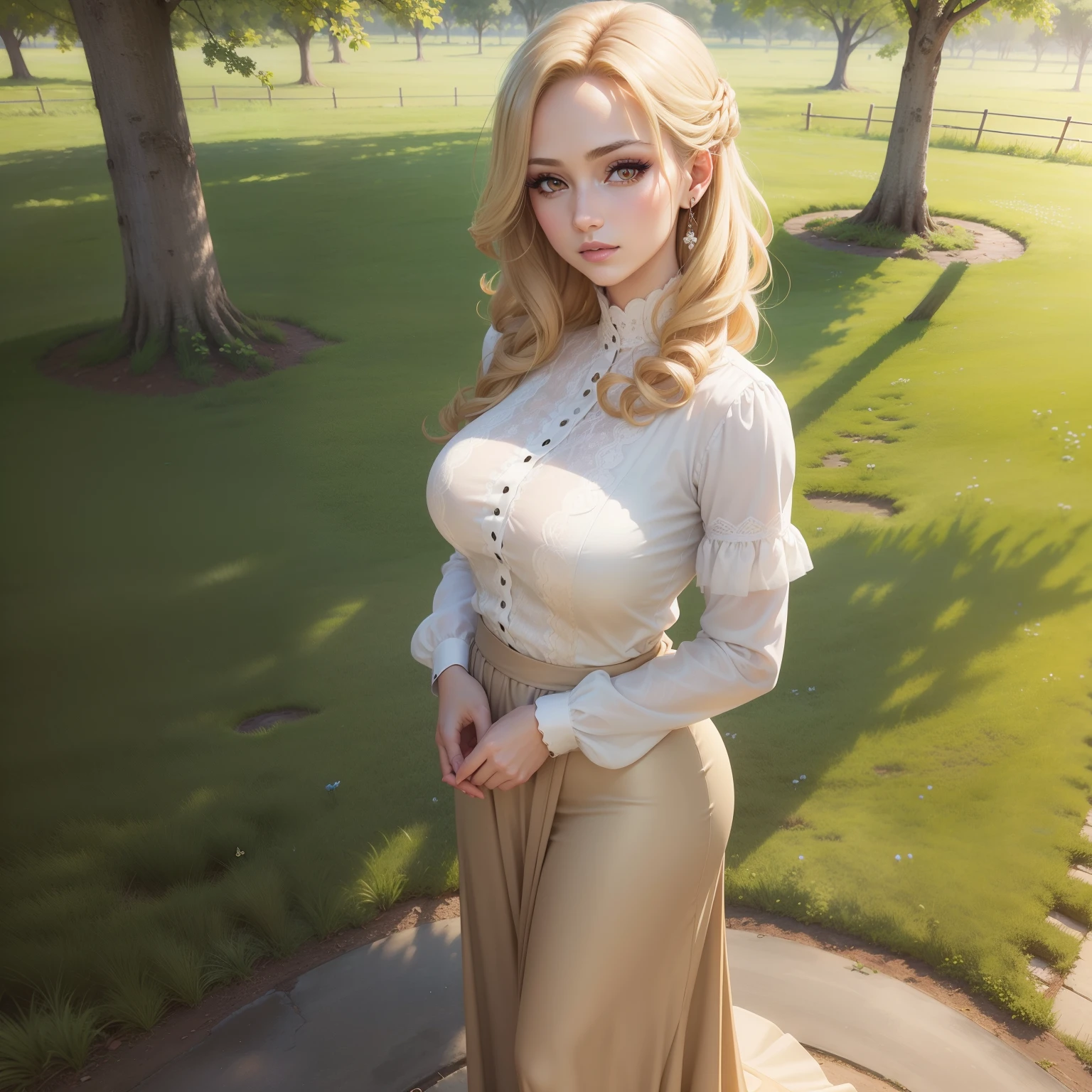 (masutepiece:1.2), (Best Quality:1.2), Full body portrait,Perfect eyes, Perfect face, Perfect Lighting, 1girl in, Mature woman in the field, medium blonde hair, Curly hair, detailed clothes, Detailed outdoor background, makeup, eyeshadows, thick eyelashes, Fantasy, Looking at the viewer, spring