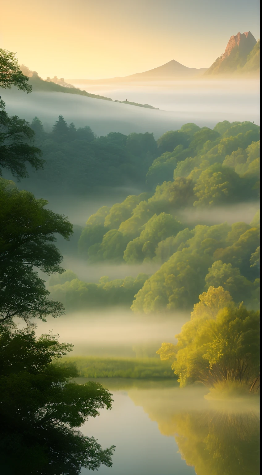 A tranquil and peaceful scene, featuring a serene lake nestled among rolling hills and surrounded by a verdant forest, with a misty morning fog that adds an air of mystery and enchantment, artstation, digital art, intricate, trending, muted colors