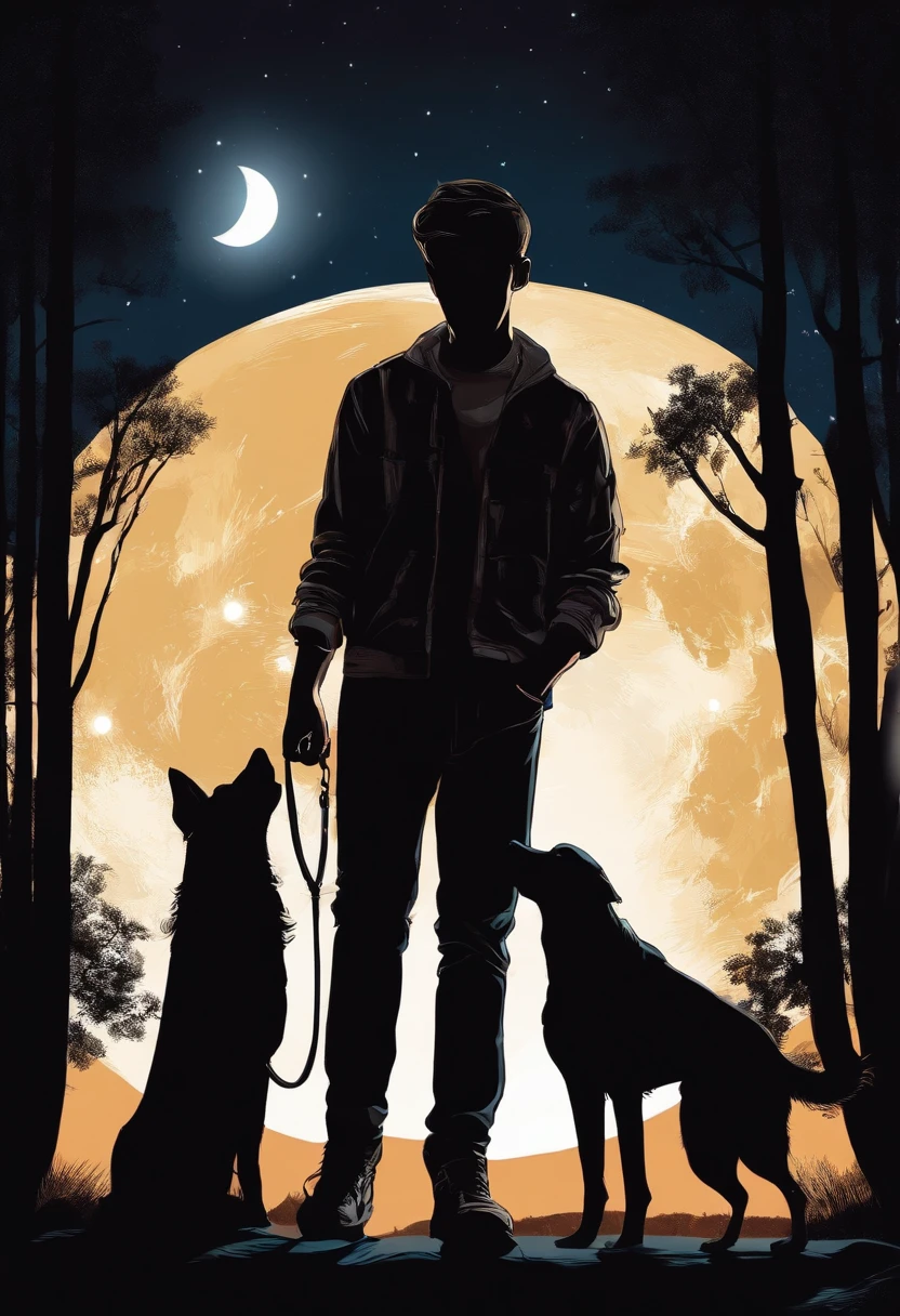 Cute boy handsome man with dog moon Night and night with her