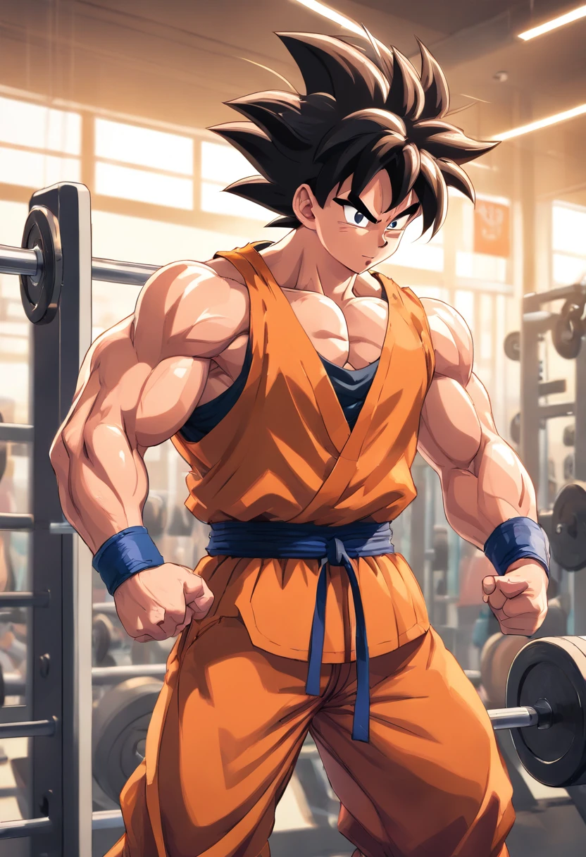 A detailed drawing of Son Goku biceps training intensely in a bodybuilding gym.