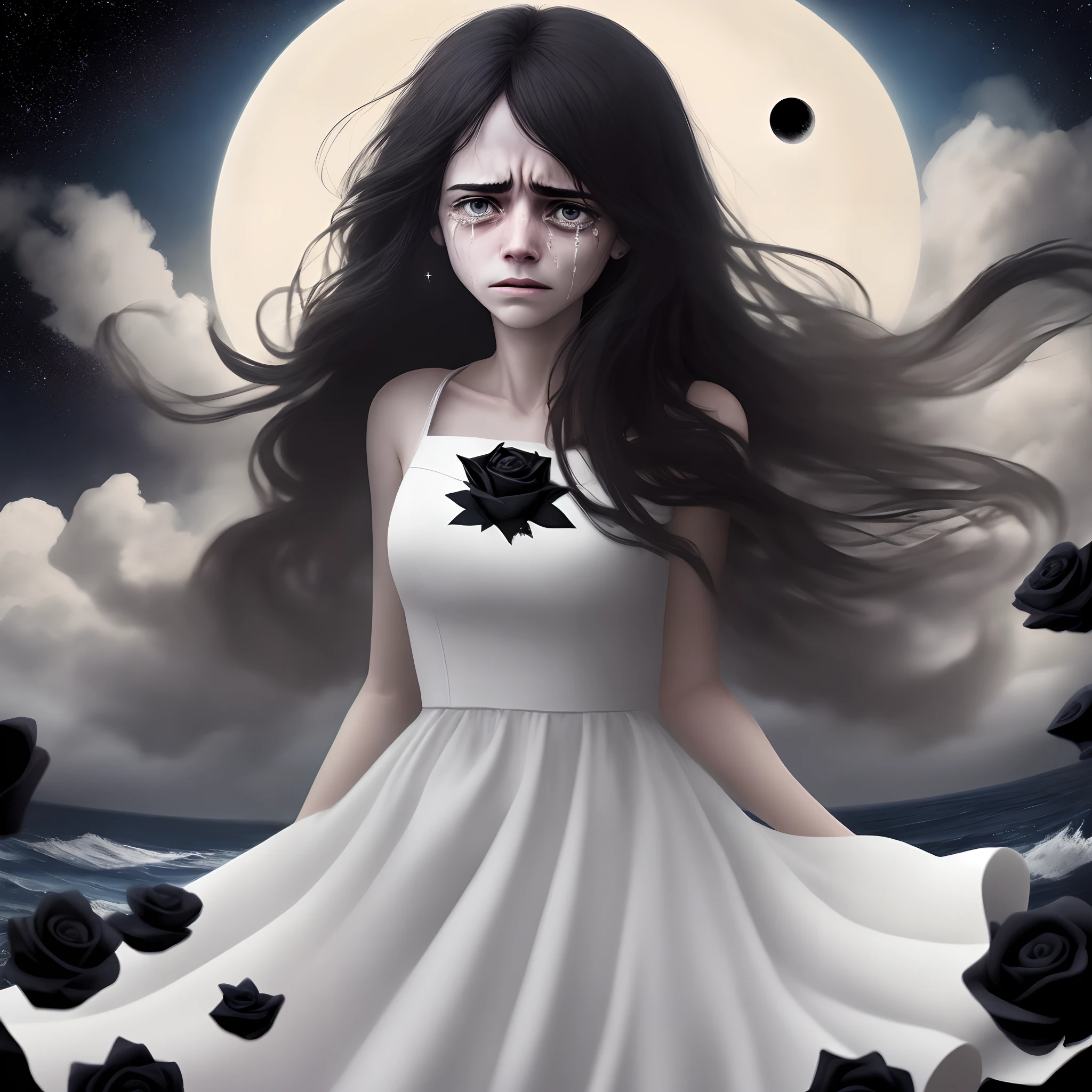 A picture with dark background, terrible young ugly lady face with white dress folating in air, tears in her eyes having strong mental and emotionally pain , behind is a sea full of blood and the sky is full of stars and there is a black moon having a black rose shade on it