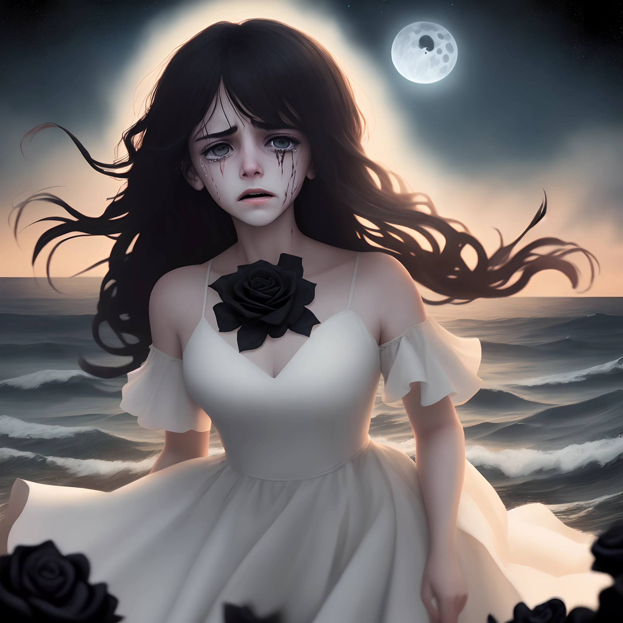 A picture with dark background, terrible young ugly lady face with white dress folating in air, tears in her eyes having strong mental and emotionally pain , behind is a sea full of blood and the sky is full of stars and there is a black moon having a black rose shade on it