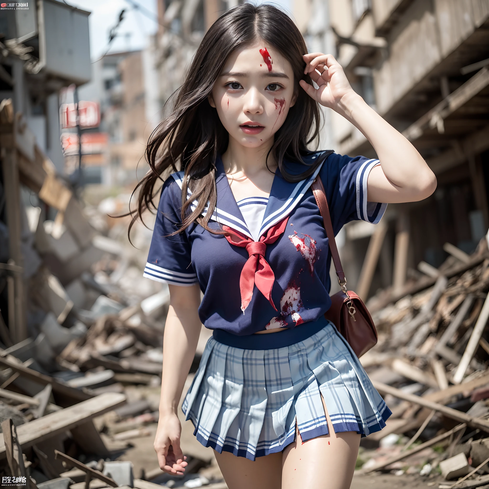 (in 8K、RAW Photos、top-quality、masterpiece:1.2)、(realisitic、Photorealsitic:1.37)、ultra-detailliert、超A high resolution、Giant Dragon、Beautiful 15-year-old high school girl in Japan attacked by a giant dragon in devastated Tokyo、terrified expression、School Uniforms、Schoolgirl Uniform、(Torn and dirty tattered sailor suit:1.2)、disheveled clothing、ripped fabric、(Clothes with blood stains:1.2)、Short pleated skirt、(Torn skirt:1.2)、Dirty hair、smudged face、(skin stained with blood and dust:1.2)、Running through the rubble、building crumbling、Burning flame、stunningly beautiful face、dynamic ungle、动态照明