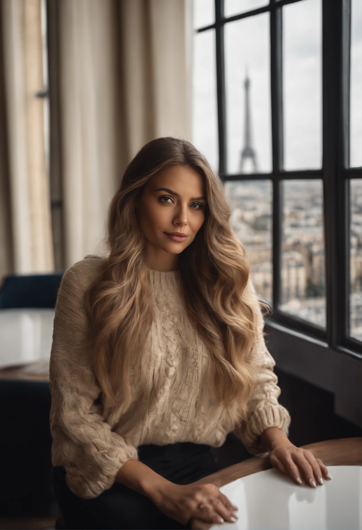 realistic Photo RAW, a beautiful Latina woman, long blondie hair , wearing only a luxurious sweater, sitting in front of a large window to the view of the Eiffel tower
, in a luxurious hotel