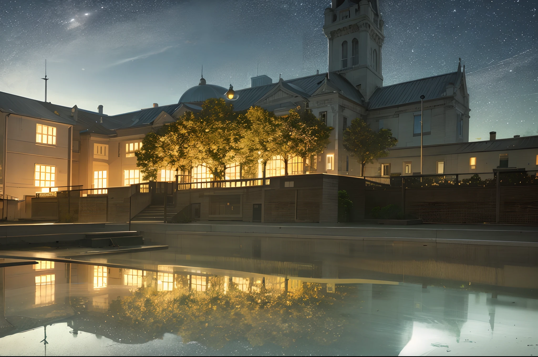 Best Quality,Ultra-detailed,Beautiful detailed glow,8k,Best Shadow,Beautiful detailed reflection,school rooftop,star night,beautiful scene,{no humans 2.0},{no animal 2.0}