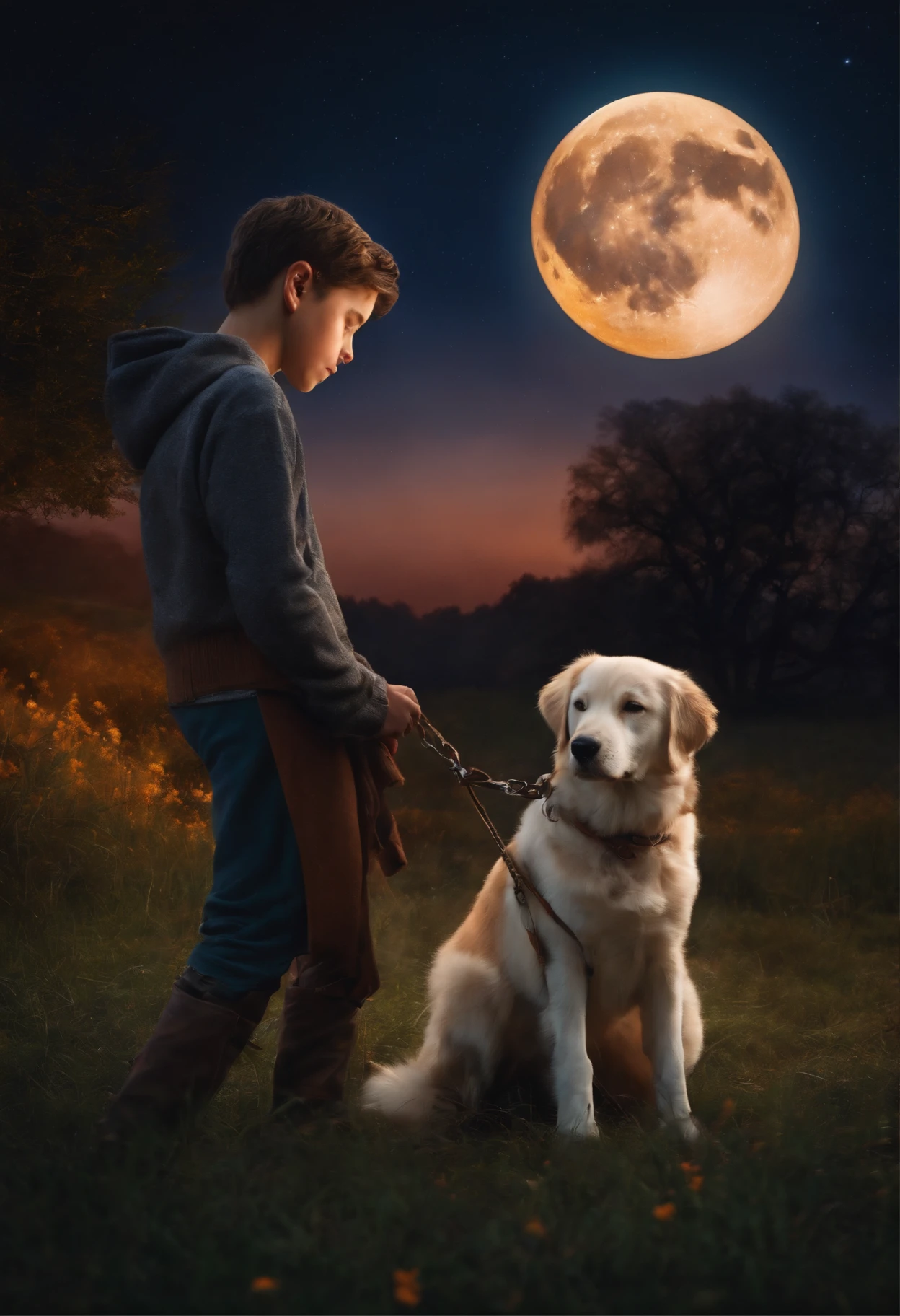 Cute boy handsome man with dog moon Night and night with her
