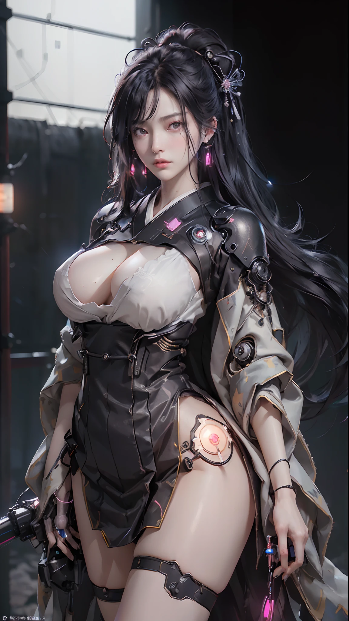 ((of the highest quality)), ((master piece)), (detail:1.4), (((((Tall Woman))))), (((Translucent black material with skin showing through, Mechanical parts and Japan kimono motif、Beautiful woman in cyber design magenta colored Japan kimono made of gray carbon material))), ((花魁)), ((collars)), ((Blue-white glowing LED band)), ((Sleeved)), Glowing pale with LEDs, ((Wide open chest)), ((Kimono with disheveled Japan)), Ticker (High dynamic range), Ray tracing, NVIDIA RTX, Super Resolution, Subsurface Scattering PBR Texturing, Post-processing, Anisotropy Filtering, depth of fields, Surface Shading, Accurate simulation of light/Material Interaction, perfectly proportions, Two-tone lighting, Wide aperture, Low ISO, White Balance, 8K, NSFW, (((Tall Woman))), 25 year old woman, Puffy nipple, ((Hair ornament with dull glowing LEDs)), open stance, (((Cowboy Shot))), Beautiful body, Chest to feel gravity, (Huge breasts: 1.3), Simple and minimalistic space, Natural pose, Looking down, (((Beautiful straight hair))), (((hime-cut))), (((Black hair))), facing front, Anatomically natural human body, (((Mechanical knee part with glowing LEDs))), ((girdle)),