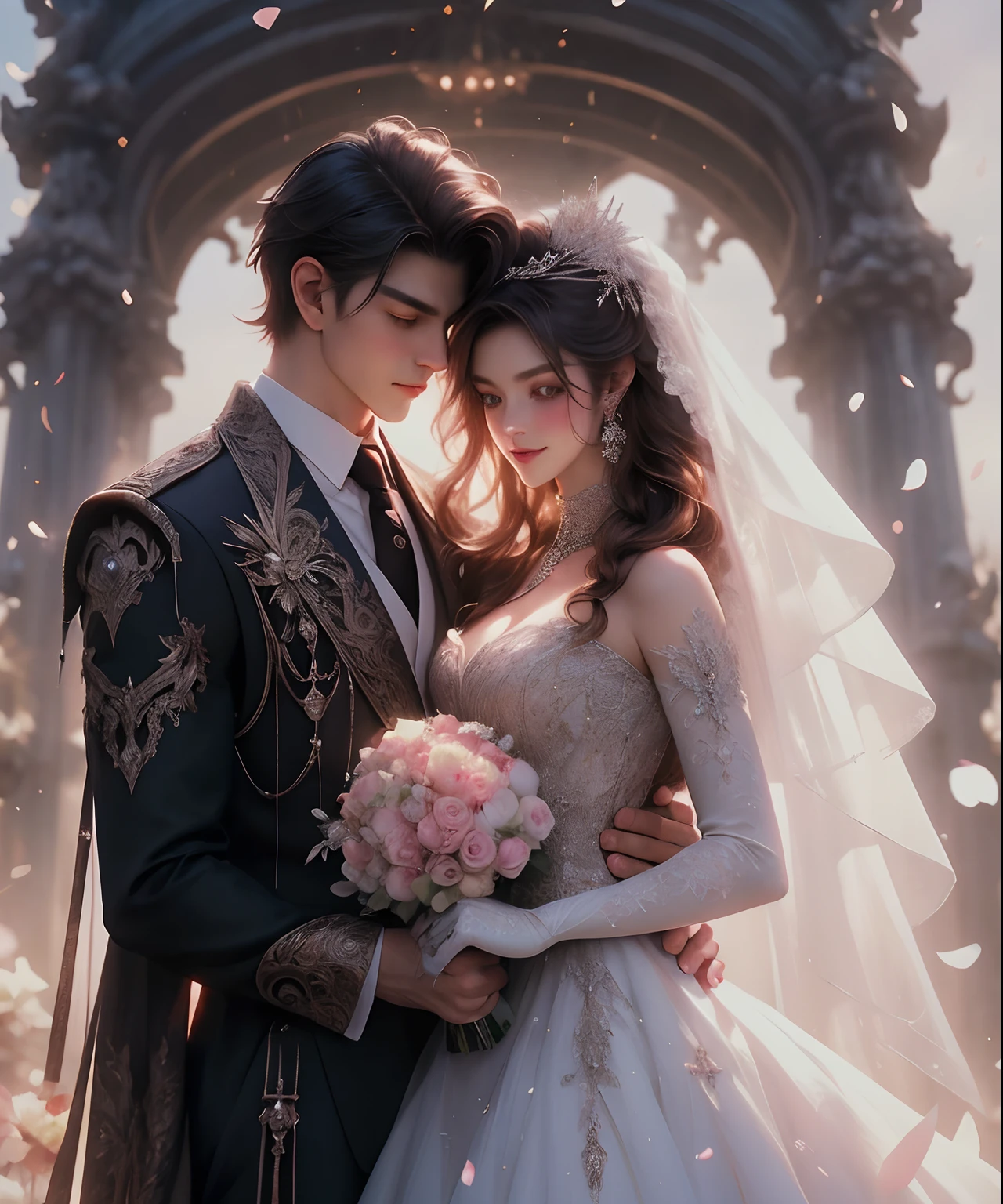 1girl, 1boy, dress, brown hair, wedding dress, jacket, hetero, necktie, couple, smile, strapless dress, closed eyes, pants, strapless, veil, flower, long hair, holding, jewelry, gloves, shirt, necklace, bouquet, white pants, holding bouquet, white dress, blue eyes, white shirt, open jacket, holding hands, elbow gloves, white gloves, white jacket, pink necktie, bridal veil, white background, wedding, husband and wife, long sleeves, long dress, pink flower, floating hair, short hair, standing, open clothes, collarbone, sleeveless