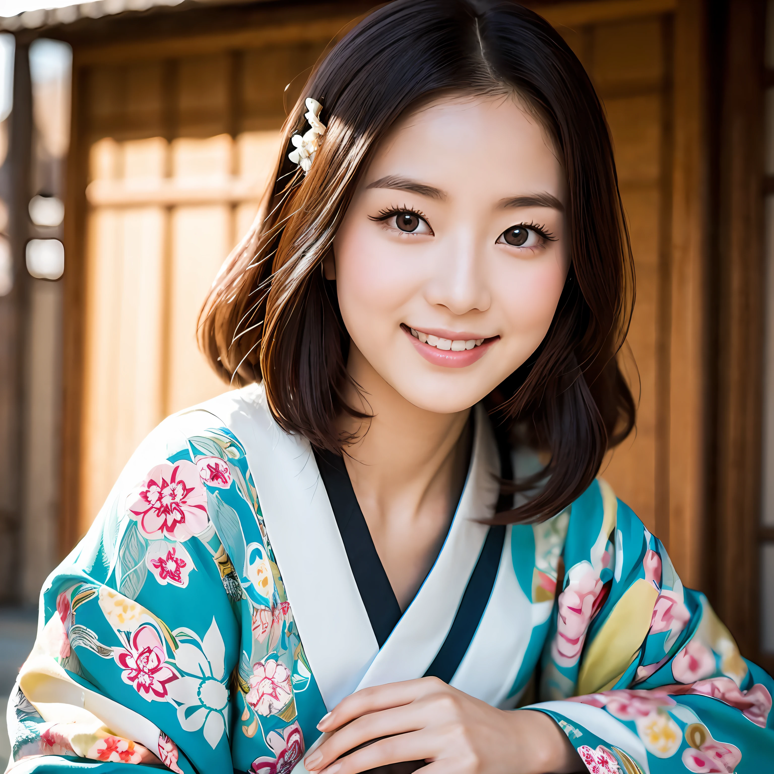 I would like an image of a young and cute Maiko in Kyoto, with a traditional and detailed Japanese-style background. The Maiko should be wearing a vibrant kimono and an elaborate hairstyle with beautiful hair ornaments. The image should capture her in a graceful pose, with a gentle smile on her face. The lighting should be soft and natural, highlighting the intricate details of her kimono and accessories. The overall atmosphere should convey the elegance and charm of Kyoto's traditional culture. --ar 1:1 --v 5.1 --auto
