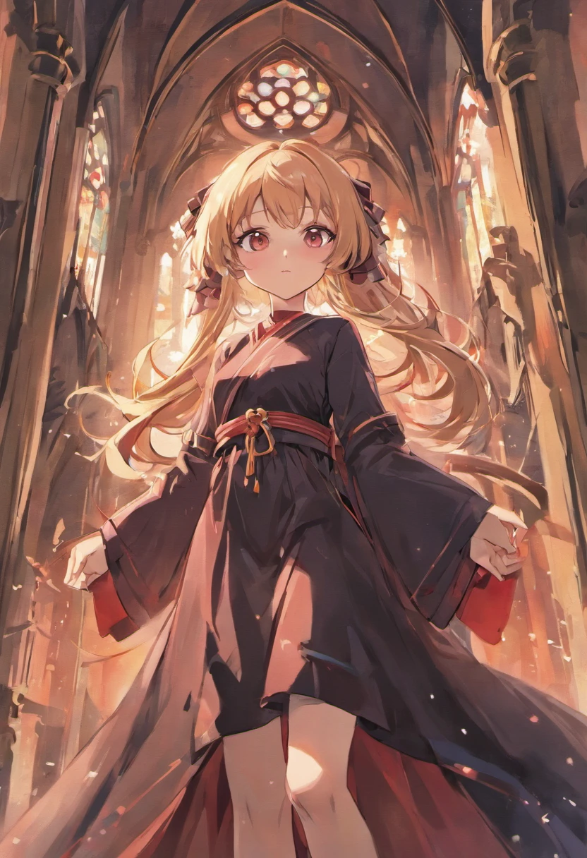 The two-dimensional style loli body type wears a stately garment similar to a robe with black hair, Long hair, Red eyes, The main colors of the garment are crimson and black, Weak breath,Wide robe with large sleeves,The costumes are in a medieval religious style,Brightly lit church in the background