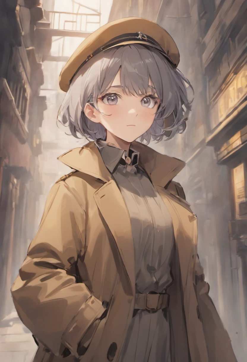 Female detective with short dark grey hair and grey eyes wearing a trench coat and a deerstalker hat