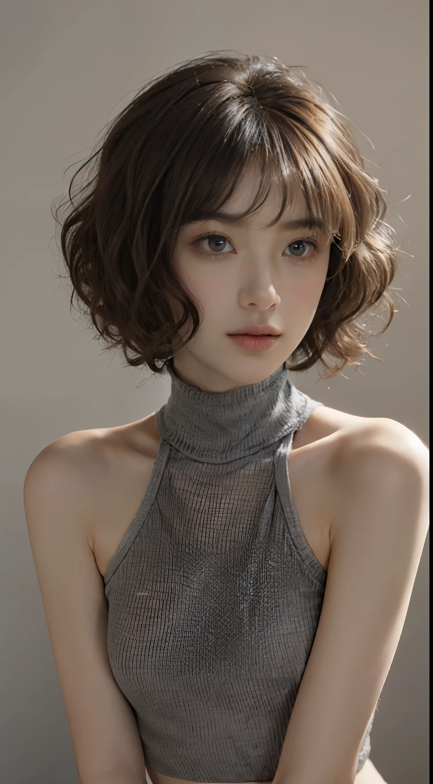 top-quality, Drawn details, ​masterpiece, 超A high resolution, (Realistic:1.4), Raw photo, (fair and clean skin, Fine-grained skin, Skin as young as a child), (Glossy atmosphere), (Smaller head), (a small face, With bright round face), (Beautiful fece), (Beautiful expression), (big eye:1.3),(Looking at me with a smile:0.7), (Strong affection), cute little, (short brown haired, gradation hair, Curly hair、Soft hair quality:1.7), (1人の女性, 独奏), (very small breasts, small tits:1.7), (A slender:1.5), (thin waist, Thin arms, Thin leg, thin neck, thin shoulders:1.6), (sloped shoulder), (Beige, turtle neck, knit:1.6), BREAK (Gray, Simple gradient background with depth:1.5), (softlighting:1.5),