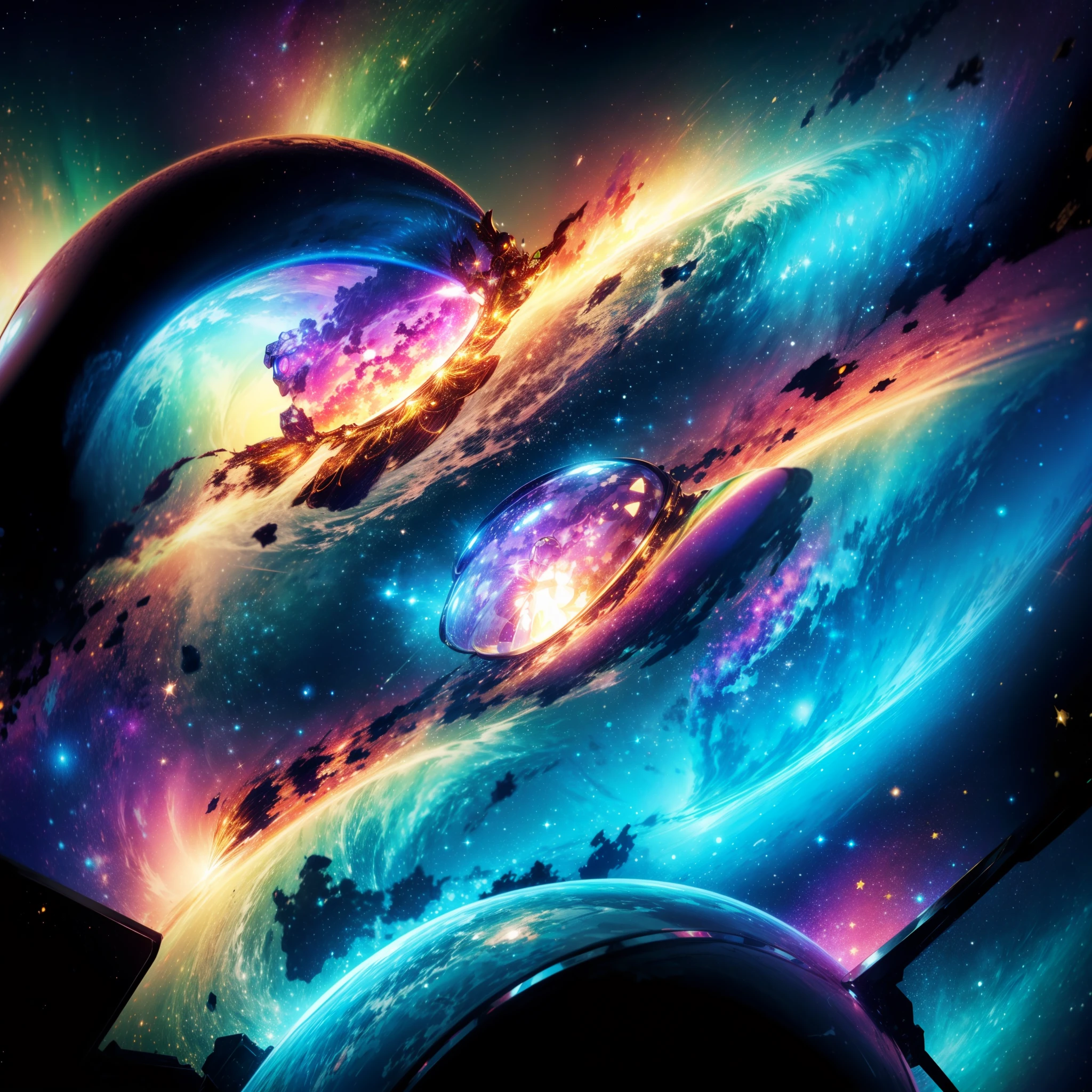 Cute space with flowing glitter mascot robot with golden wings, Phoenix-shaped metal space mascot robot, Backgrounds are Rainbow Galaxy and Diamond Star, 50mm Lens, Intricately detailed, 8K, epicd, Vivid, Sharp Focus, Ray tracing, Photorealistic