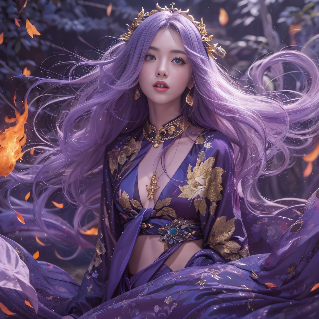 Genki Girl 32K（tmasterpiece，k hd，hyper HD，32K）Long flowing bright purple hair，Autumn Pond，zydink， a color， Asian people （Genki girl）， （Silk scarf）， Combat posture， looking at the ground， long whitr hair， Floating bright purple， Fire cloud pattern gold tiara， Chinese long-sleeved gold silk garment， （Abstract metaverse splash：1.2）， white backgrounid，Lotus vitality protector（realisticlying：1.4），Bright purple hair，Smoke on the road，The background is pure， A high resolution， the detail， RAW photogr， Sharp Re， Nikon D850 Film Stock Photo by Jefferies Lee 4 Kodak Portra 400 Camera F1.6 shots, Rich colors, ultra-realistic vivid textures, Dramatic lighting, Unreal Engine Art Station Trend, cinestir 800，A girl with long flowing bright purple hair