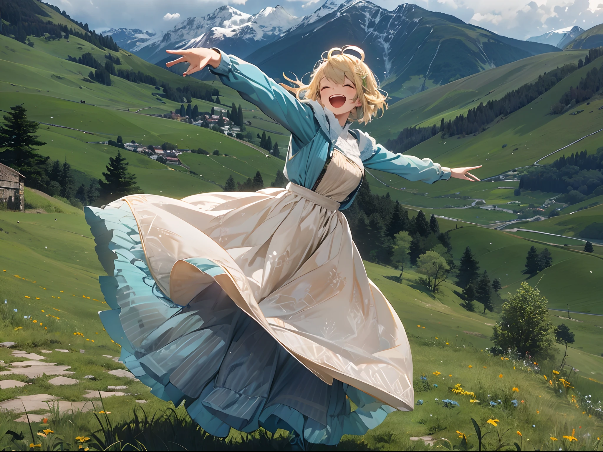On a green hill overlooking the Alps, a short blonde woman sings cheerfully. She is twirling and dancing. Long dark blue long-sleeved dress and whitish pale blue apron.