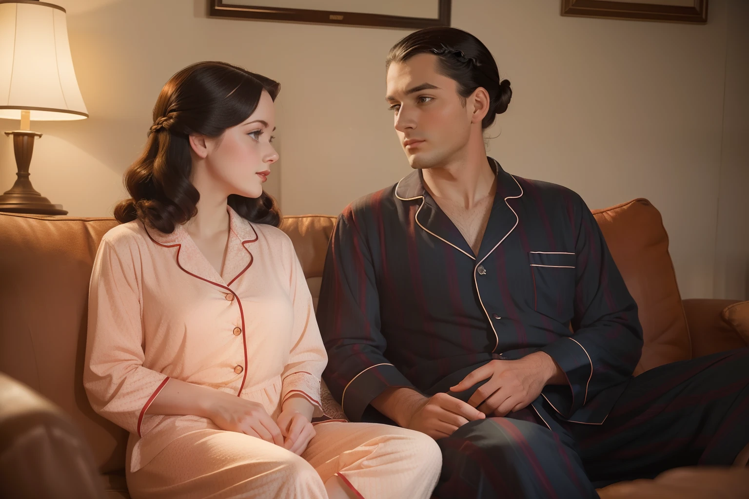 Year: 1946. Location: Washington DC. pre-raphaelite young woman with black hair in the living room, sitting in the couch with a man, both wearing their pyjammas, ((night)), talking with excitement, ((1940s colorful pyjammas)) ((1940s hairstyle)) ((in the style of "OMITB")) ((cinematic style))