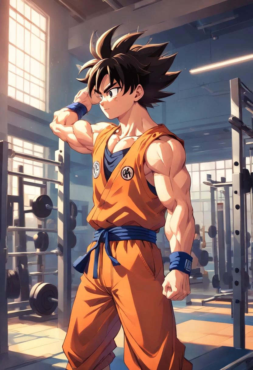 Goku is building his muscles at the gym to get stronger and now his doing pull ups to get more cool