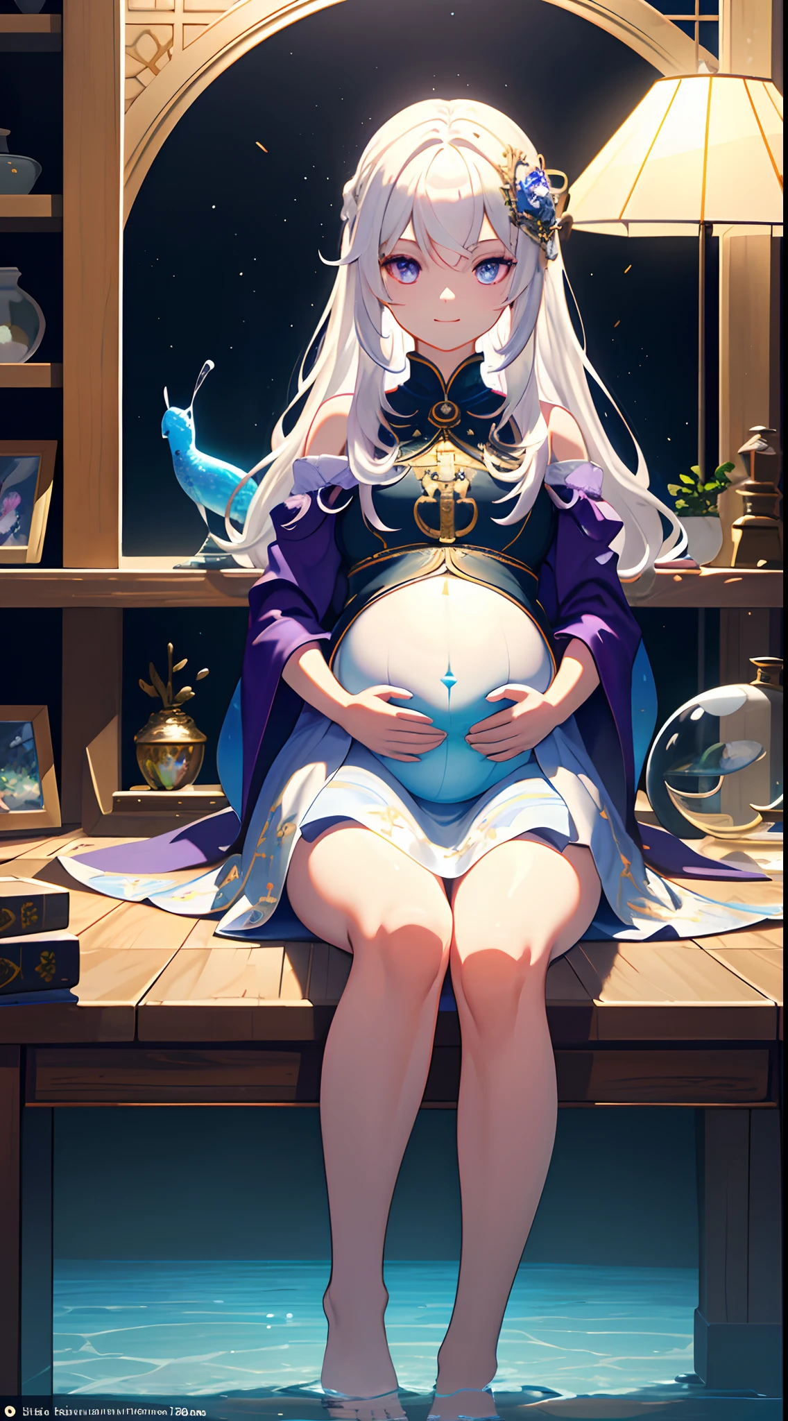[(Transparent background:1.5)::5],(((Masterpiece))),(((Best quality))),(((Extremely detailed))),illustration, 1girll,Solo,mysterious,vivd colour,Shiny, Underwater transparent sealed hemispherical glass dome, (White hair),(Purple eyes), full bodyesbian,Barefoot,Long hair is calm and natural, Koi,Underwater, Dome,Close up,Dynamic actions,Lens perspective,(((Box composition))),sitting cross-legged，Leaning against the bookshelf, voluminetric lighting, multi colored eyes, Detailed eyes, ultra - detailed,Light smile, Highly detailed, Beautiful, small detailed, Ultra detailed, Best quality, Intricate, 4K, 8K, trending on artstationh, Good anatomy, Beautiful lighting, Award-winning,Pregnant belly，Pregnant belly