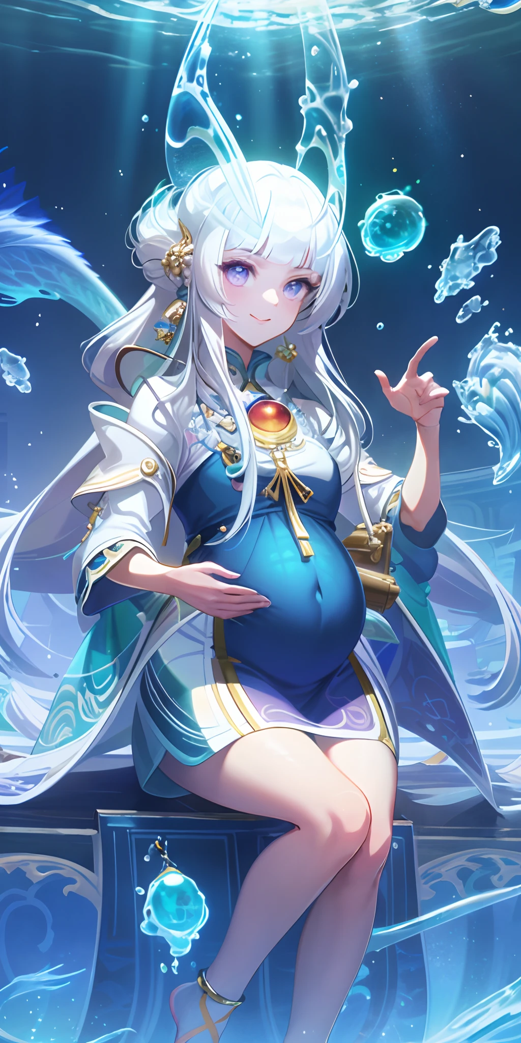 [(Transparent background:1.5)::5],(((Masterpiece))),(((Best quality))),(((Extremely detailed))),illustration, 1girll,Solo,mysterious,vivd colour,Shiny, Underwater transparent sealed hemispherical glass dome, (White hair),(Purple eyes), full bodyesbian,Barefoot,Long hair is calm and natural, Koi,Underwater, Dome,Close up,Dynamic actions,Lens perspective,(((Box composition))),sitting cross-legged，Leaning against the bookshelf, voluminetric lighting, multi colored eyes, Detailed eyes, ultra - detailed,Light smile, Highly detailed, Beautiful, small detailed, Ultra detailed, Best quality, Intricate, 4K, 8K, trending on artstationh, Good anatomy, Beautiful lighting, Award-winning,Pregnant belly，Pregnant belly