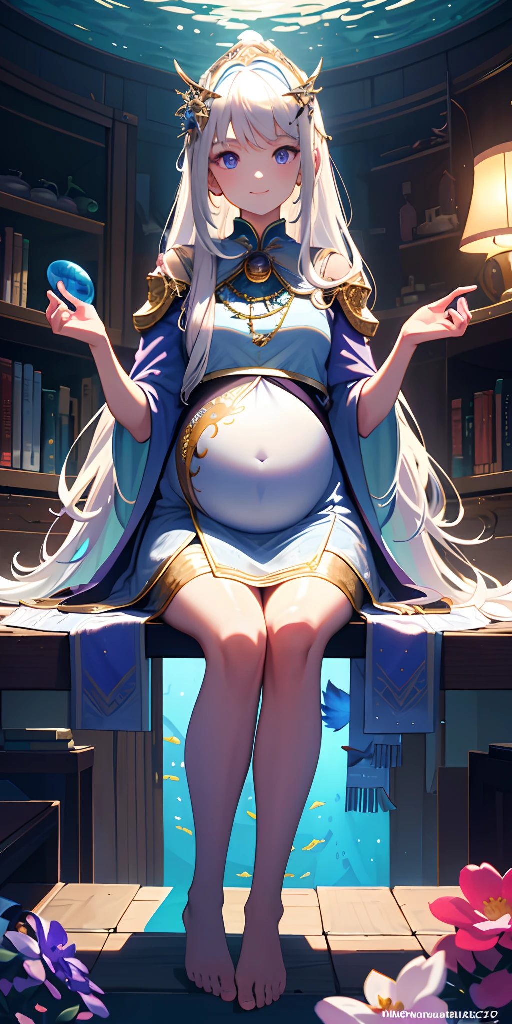 [(Transparent background:1.5)::5],(((Masterpiece))),(((Best quality))),(((Extremely detailed))),illustration, 1girll,Solo,mysterious,vivd colour,Shiny, Underwater transparent sealed hemispherical glass dome, (White hair),(Purple eyes), full bodyesbian,Barefoot,Long hair is calm and natural, Koi,Underwater, Dome,Close up,Dynamic actions,Lens perspective,(((Box composition))),sitting cross-legged，Leaning against the bookshelf, voluminetric lighting, multi colored eyes, Detailed eyes, ultra - detailed,Light smile, Highly detailed, Beautiful, small detailed, Ultra detailed, Best quality, Intricate, 4K, 8K, trending on artstationh, Good anatomy, Beautiful lighting, Award-winning,Pregnant belly，Pregnant belly