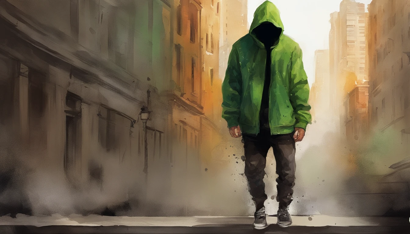 1 handsome boy falling from a building，Frontal full body image，wearing a Green cyberpunk hoodie and black pant，The expression is anger, Tears flew out，Two-dimensional boys, Brown colored eyes，The background is the city at night，Surrounded by modern high-rise buildings