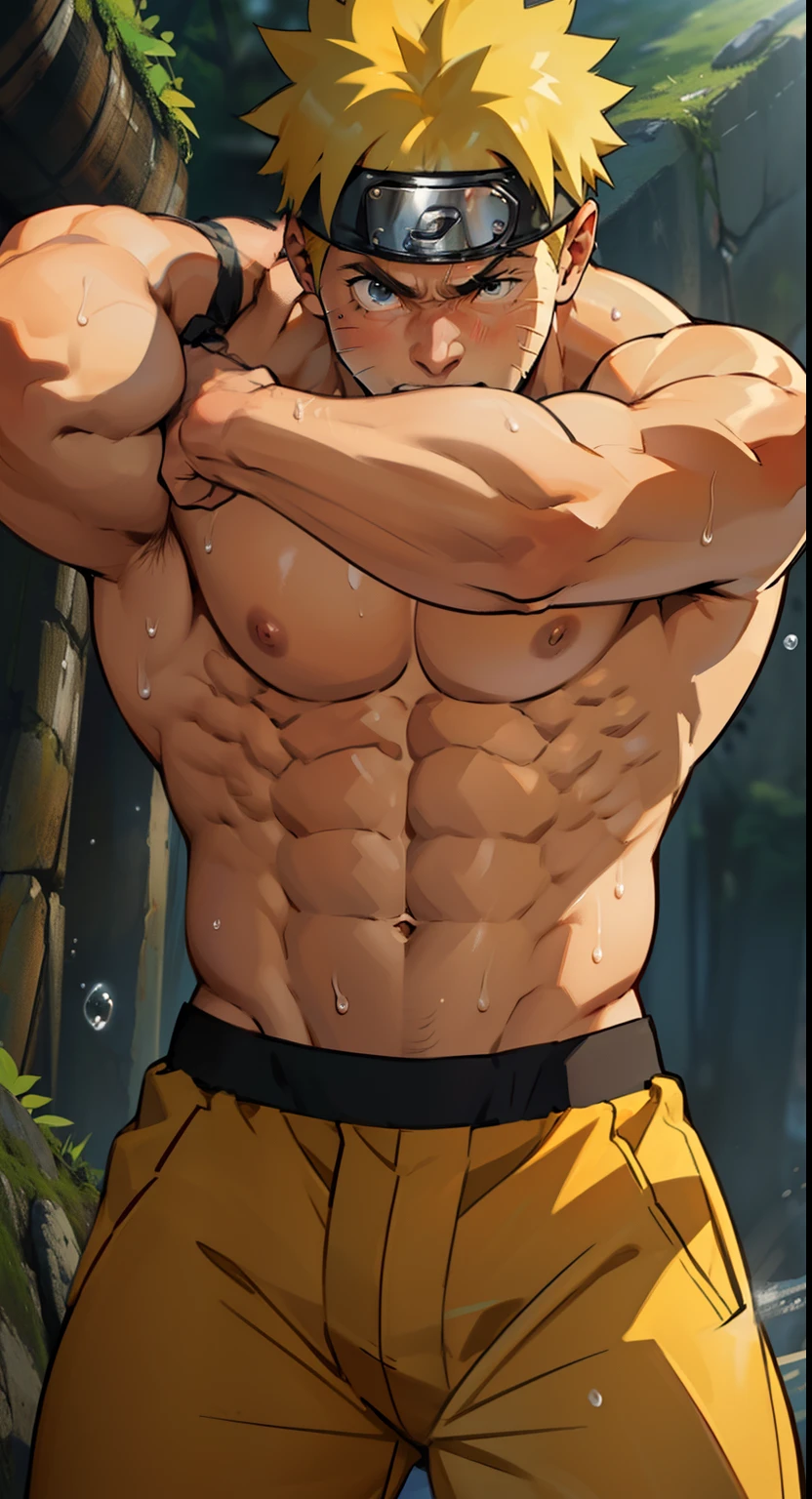 [highest quality photo][ 4k,HD photo quality] (Huge, muscular thigh muscles) Uzumaki Naruto, lots of sweat flowing down, topless, shirtless, sunny, shiny skin, bodybuilder,  8-pack abs, giant, muscular chest muscles, giant muscular, sinewy biceps, cute  (close-up) two arms behind the back