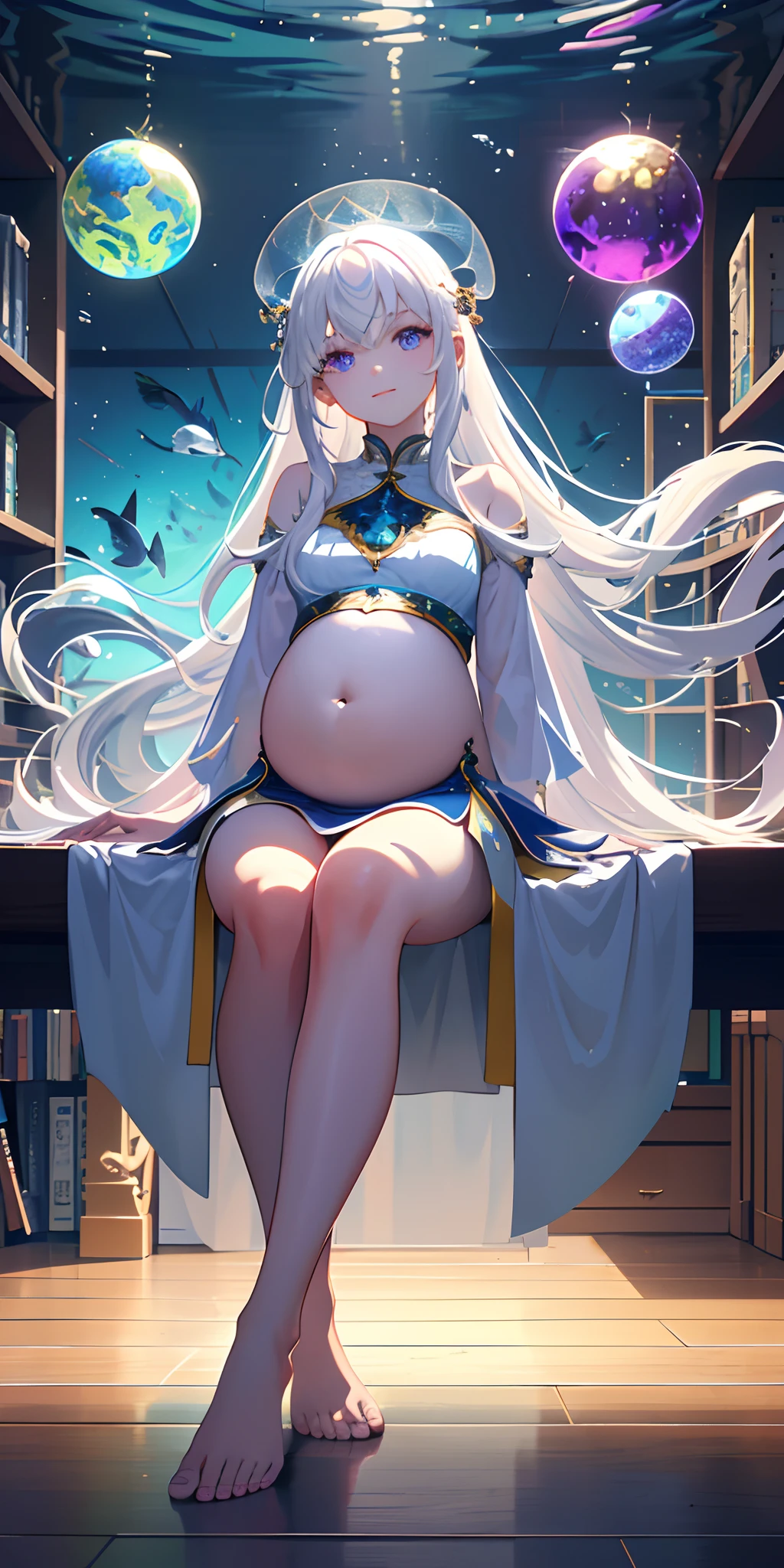 [(Transparent background:1.5)::5],(((Masterpiece))),(((Best quality))),(((Extremely detailed))),illustration, 1girll,Solo,mysterious,vivd colour,Shiny, Underwater transparent sealed hemispherical glass dome, (White hair),(Purple eyes), full bodyesbian,Barefoot,Long hair is calm and natural, Koi,Underwater, Dome,Close up,Dynamic actions,Lens perspective,(((Box composition))),sitting cross-legged，Leaning against the bookshelf, voluminetric lighting, multi colored eyes, Detailed eyes, ultra - detailed,Light smile, Highly detailed, Beautiful, small detailed, Ultra detailed, Best quality, Intricate, 4K, 8K, trending on artstationh, Good anatomy, Beautiful lighting, Award-winning,Pregnant belly，Pregnant belly