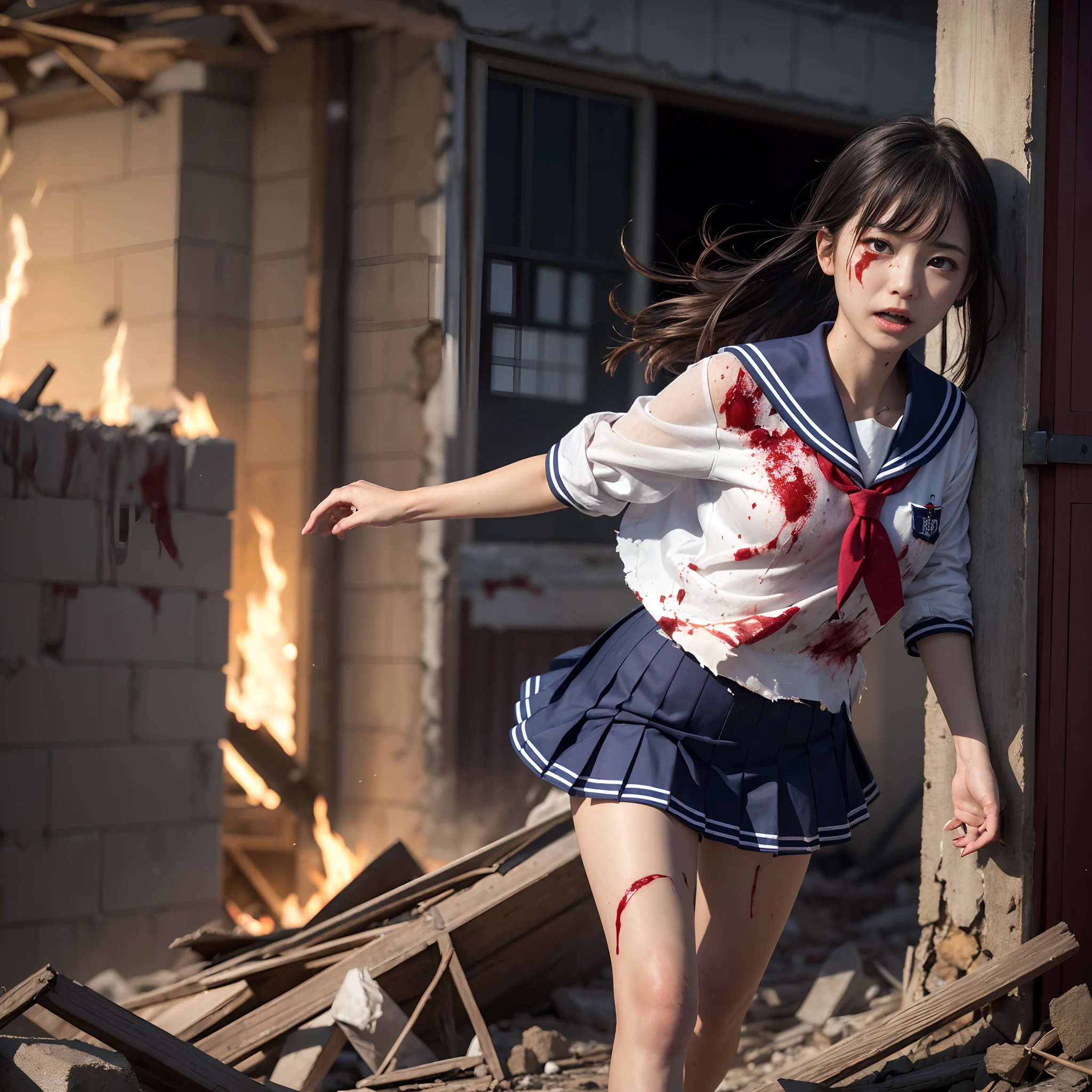 (in 8K、RAW Photos、top-quality、​masterpiece:1.2)、(realisitic、Photorealsitic:1.37)、ultra-detailliert、超A high resolution、(Giant Dragon:1.2)、Beautiful 15-year-old high school girl in Japan attacked by a giant dragon in devastated Tokyo、terrified expression、School Uniforms、Schoolgirl Uniform、(Torn and dirty tattered sailor suit:1.2)、disheveled clothing、ripped fabric、(Clothes with blood stains:1.2)、Short pleated skirt、(Torn skirt:1.2)、Dirty hair、smudged face、(skin stained with blood and dust:1.2)、Running through the rubble、building crumbling、Burning flame、stunningly beautiful face、dynamic ungle、动态照明
