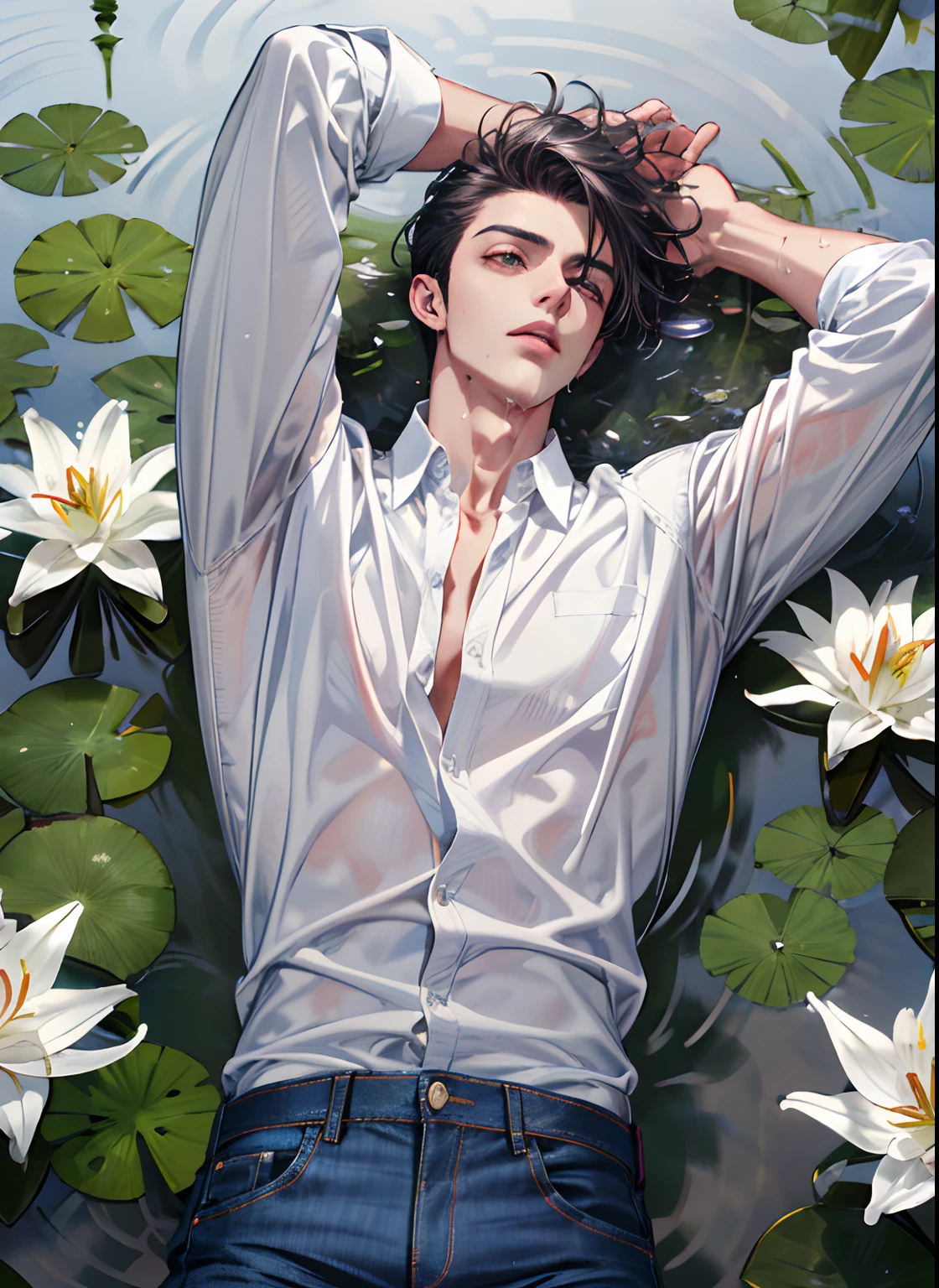 (absurdres, highres, ultra detailed), 1 male, handsome, tall muscular guy, mature, (The pond is filled with white lily flowers), A man lying on back comfortably in it, from directly above, (white shirt, jeans), wet, colorful, artistic, depth of field, focus on his calm facial features