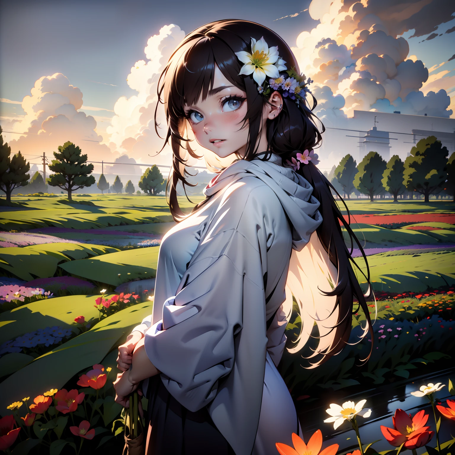 (masterpiece:1.2、top-quality)、Anime style、intricate detailes、1girl in、Light brown eyes:1.5、beautiful brown long-haired、Silky straight hair、Twilight Look、Long Grey Poncho、(((plein air、flower field、colorful flower々)))、Natural light、blue open sky:1.5、cumulonimbus clouds、