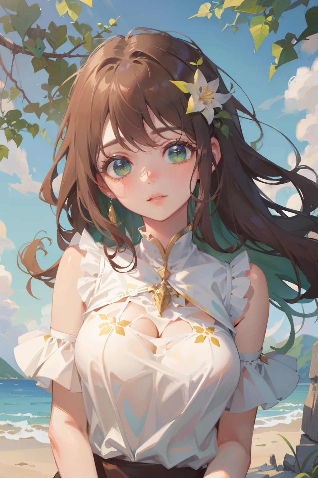 (masterpiece), (best quality), ultra high res, warm pastel tone, upper body, (from ground), lens flare, ((1 mature woman, solo)), very stunning and gorgeous mature woman, beautiful detailed hair, chestnut brown hair, smooth long hair, flowing hair by wind, beautiful detailed face, perfect beautiful face, ((beautiful shape eyes, green eyes)), look at the viewer, comfortable face, open lips, feminine light outfit