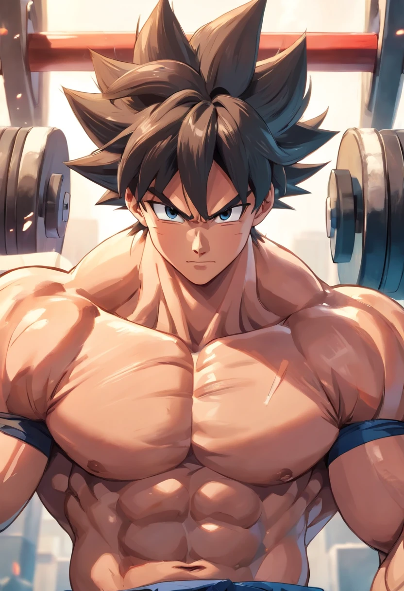 Goku is building his muscles at the gym to get stronger and now his doing pull ups to get more cool[highest quality photo][ 4k,HD photo quality] (Huge, muscular thigh muscles) Uzumaki , lots of sweat flowing down, topless, shirtless, sunny, shiny skin, bodybuilder, 8-pack abs, giant, muscular chest muscles, giant muscular, sinewy biceps,  (close-up) two arms behind the back