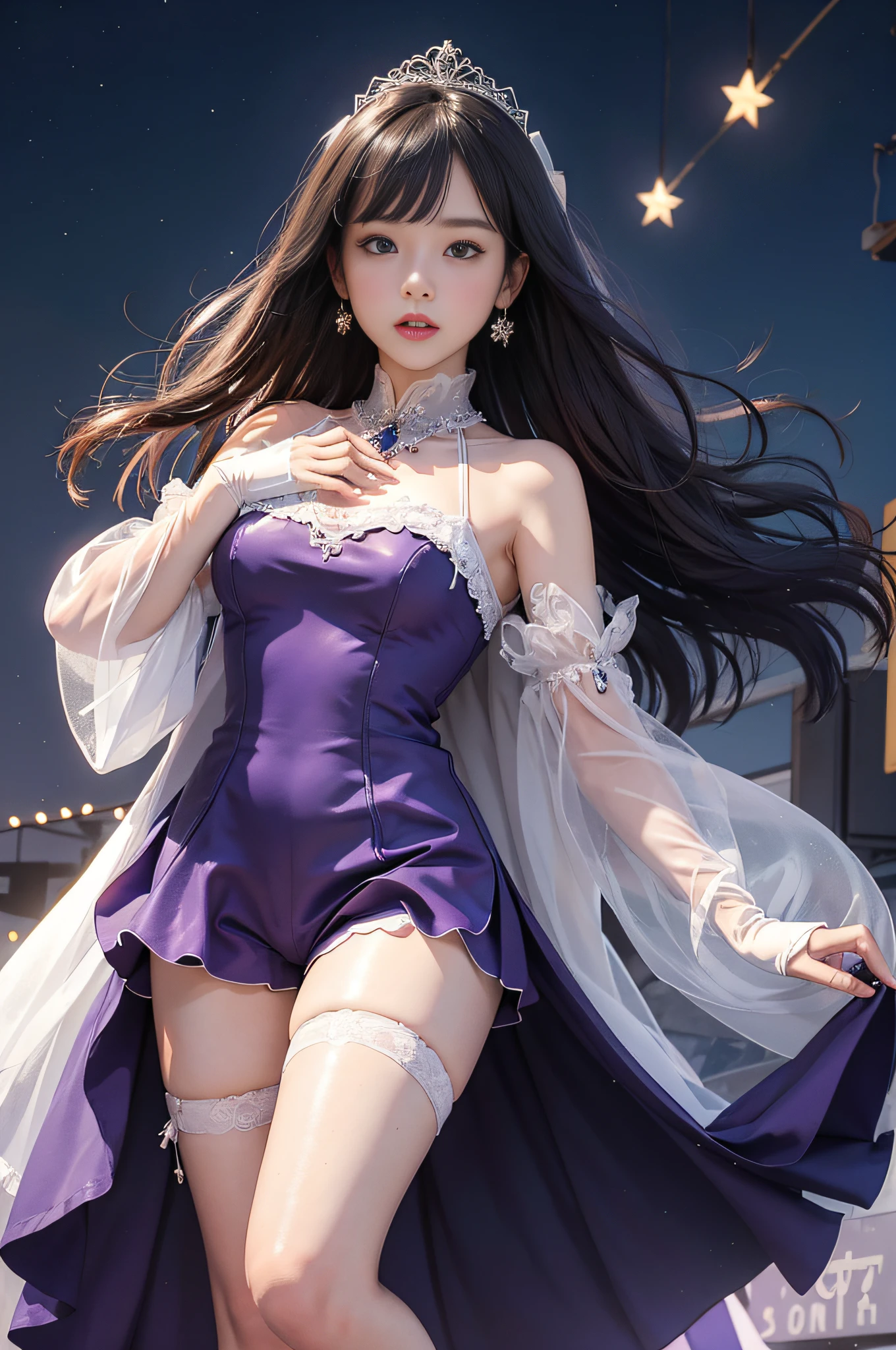 Hosino Ai, gloves, tongue sticking out, tongue, long hair, star (symbol), watch viewer, (purple hair: 1.2), purple eyes, upper body, hair ornament, ruffles, pink shirt, smile, sleeveless, shirt, idol, symbol shaped pupil, hands raised, bangs, one side up, star-shaped pupils, arms raised, dresspull, roaring twenties, isometric, from above, full body, rembrandt, Illustration, detail, depth of field, looking at the viewer, peace sign, hand raised, tongue out, highest quality, high resolution.