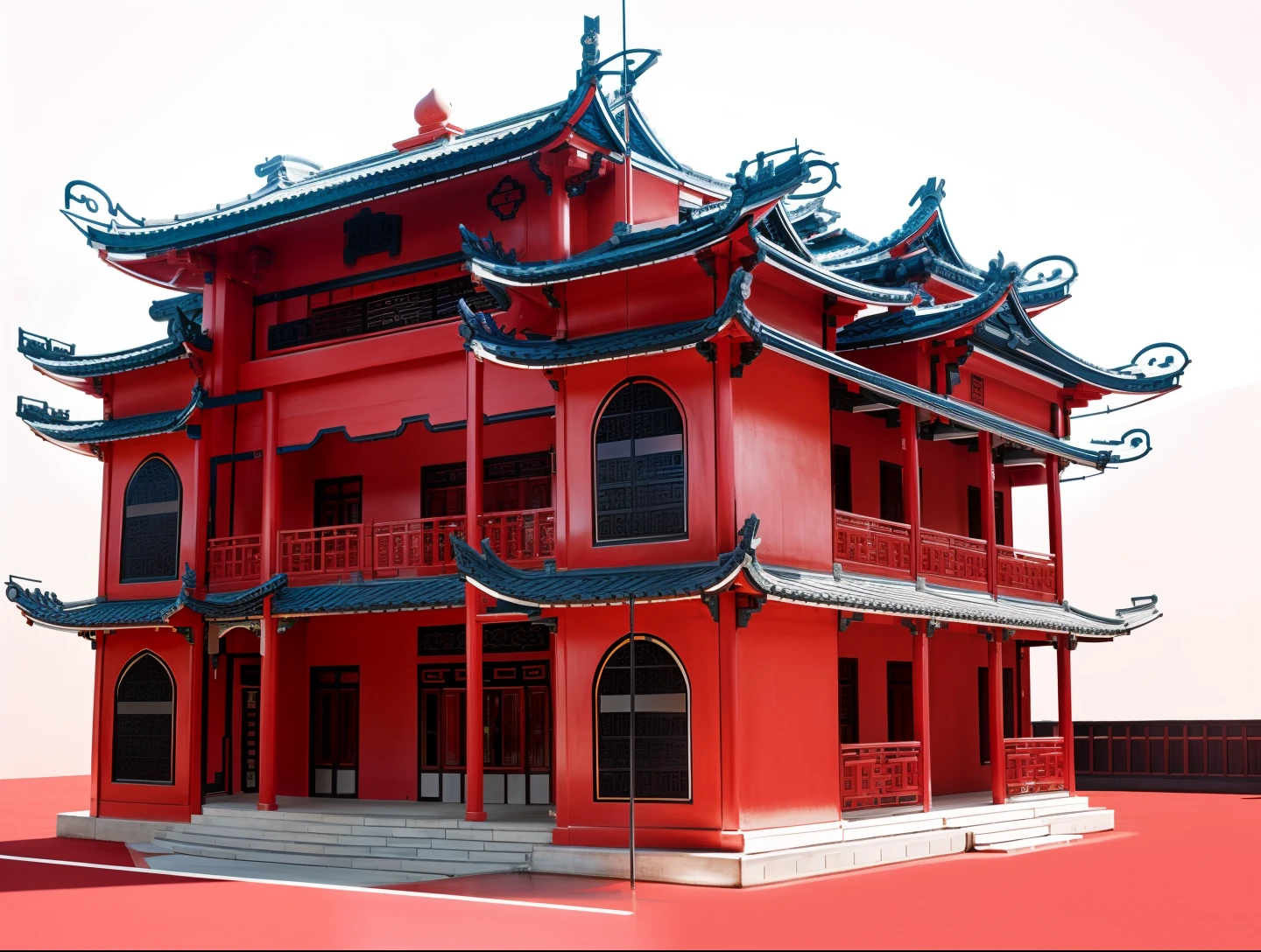 A Chinese style building, red pillars I structure, cyan tile roof, black plaque, flowers and stones, pond, soft lighting, white background, HD, Disney style, perfect fingers,