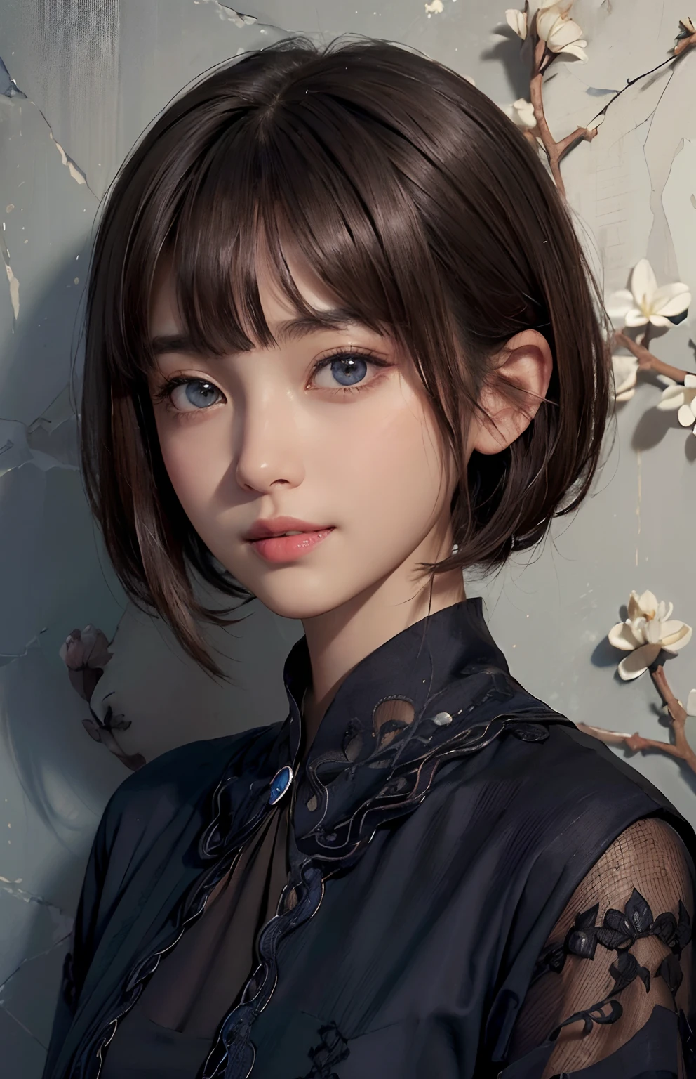 (A hyper-realistic)、(illustratio)、(hight resolution)、(8K)、(ighly detailed)、(Best Illustration)、(beautifully detailed eyes)、(top-quality)、(ultra-detailliert)、(​masterpiece)、(wall-paper）、（A detailed face）、独奏、1 girl in、looking at viewert、fine detailed、A detailed face、in the darkness nigth、deep-shadows、lowkey、pureerosfaceace_v1、A smile、Brown hair shorthair、Blue Shawl Straight Hair、46-point diagonal bangs