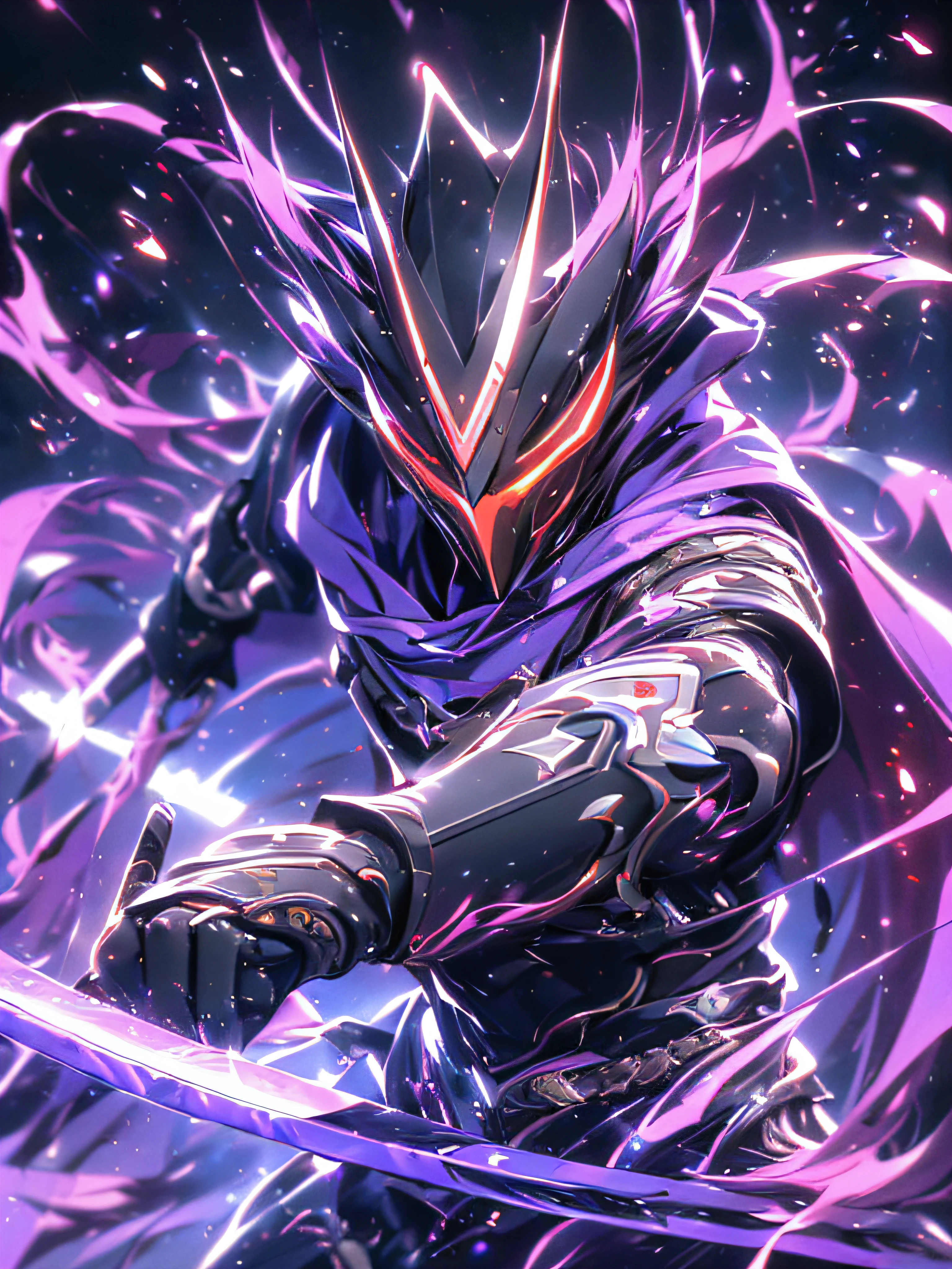 Super Realistic, Hyper Realistic, Super Detailed, (cybersamurai, 1boy, ((solo)), attacking with purple sword, wearing purple-red armor and mask, cape, glowing beautiful purple eyes, glow:1.3) (glowing simple black background:1.25),