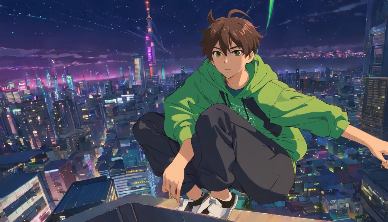 1 handsome boy falling from a building，Frontal full body image，wearing a Green cyberpunk hoodie and black pant，The expression is anger, Tears flew out，Two-dimensional boys, Brown colored eyes，The background is the city at night，Surrounded by modern high-rise buildings
