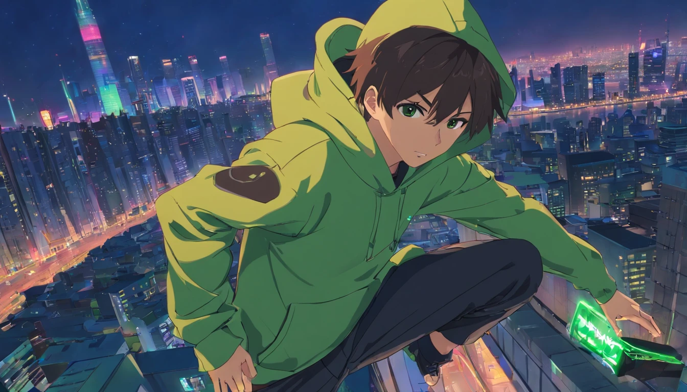 1 handsome boy falling from a building,Frontal full body image,wearing a Green cyberpunk hoodie and black pant,The expression is anger, Tears flew out,Two-dimensional boys, Brown colored eyes,The background is the city at night,Surrounded by modern high-rise buildings