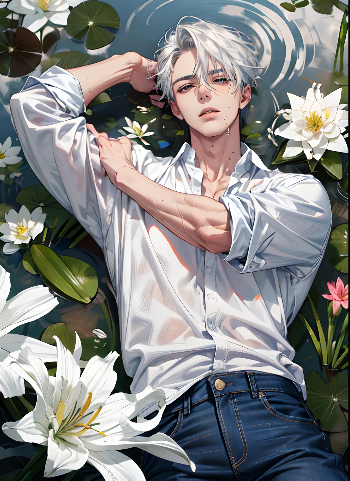 (absurdres, highres, ultra detailed), 1 male, handsome, tall muscular guy, mature, (The pond is filled with  white lily flowers), A man lying on back comfortably in it, from directly above, (white shirt, jeans), wet, colorful, artistic, depth of field, focus on his calm facial features