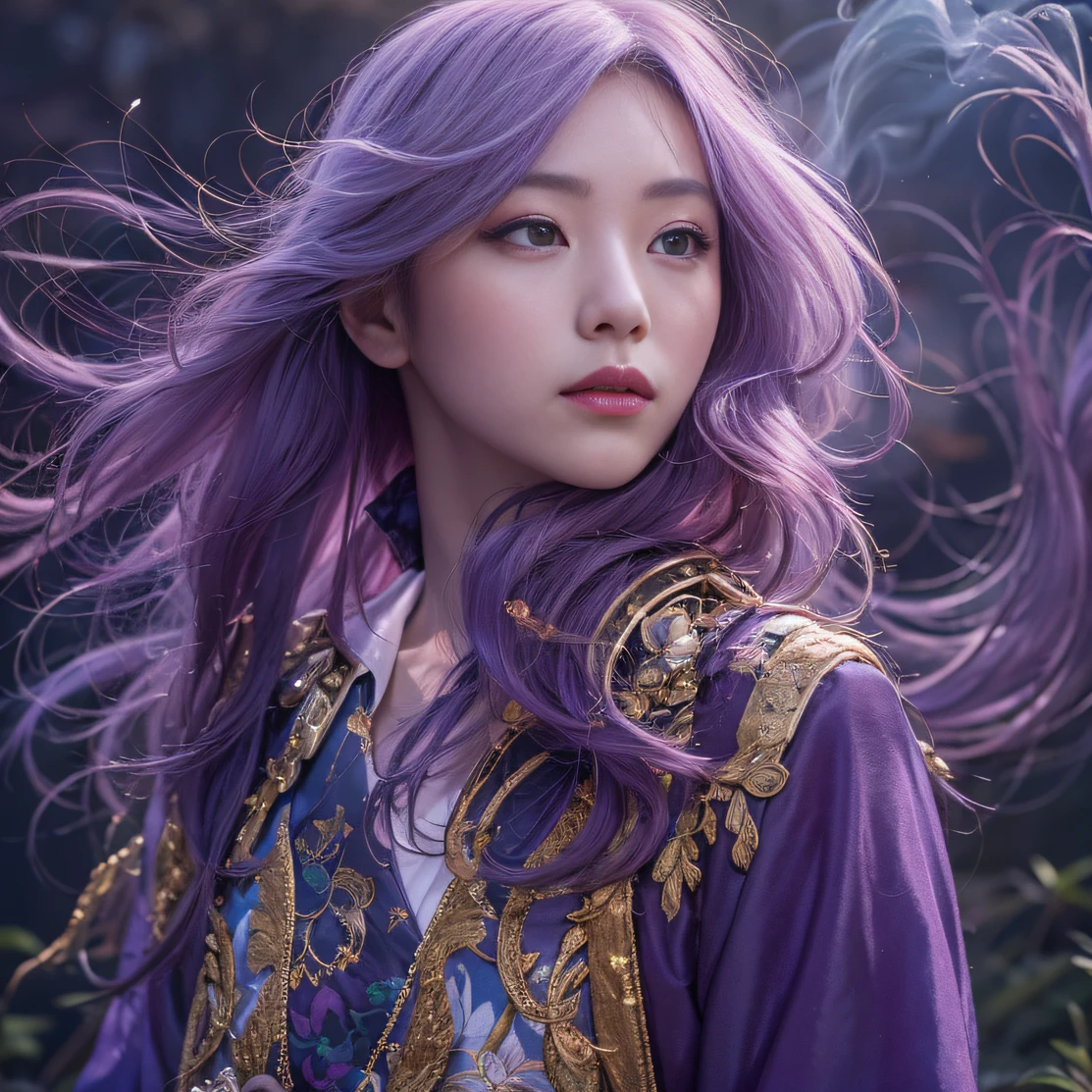 Genki Girl 32K(tmasterpiece,k hd,hyper HD,32K)Long flowing bright purple hair,Autumn Pond,zydink, a color, Asian people (Genki girl), (Silk scarf), Combat posture, looking at the ground, long whitr hair, Floating bright purple, Fire cloud pattern gold tiara, Chinese long-sleeved gold silk garment, (Abstract metaverse splash:1.2), white backgrounid,Lotus vitality protector(realisticlying:1.4),Bright purple hair,Smoke on the road,The background is pure, A high resolution, the detail, RAW photogr, Sharp Re, Nikon D850 Film Stock Photo by Jefferies Lee 4 Kodak Portra 400 Camera F1.6 shots, Rich colors, ultra-realistic vivid textures, Dramatic lighting, Unreal Engine Art Station Trend, cinestir 800,A girl with long flowing bright purple hair