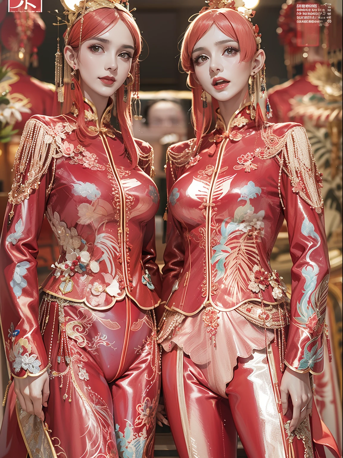 ( 8K, Dynamic action, pale washed out style, Dreamy nostalgia, Soft focus, dark halo, light leaks, Medium photography, Coarse grain photos, tmasterpiece, top-quality, 8K, realisticlying, Very dense CG, shiny skins,)(A couple:1.8),Wedding scene,half-body portrait,Weddings,ornate garment,Chinese elements,macro photography,Red and gold matching scene,Grand, Gorgeous,The happy expression of the character,insanely detailed and intricate, hypermaximalist, elegant, opulent, Ultra photo realsisim, Super detailed(RAW photo:1.2),Pink latex jumpsuit,Hollow-out on,Holt collar, latex shiny,tight-fitting,sweat leggs,White liquid, Pink body, wearing atsuko kudo latex outfit, wearing tight suit, Smooth pink skin, catsuits, Wearing latex, shiny plastic, shiny metallic glossy skin, The color of pink glow, latex outfit, chrome bodysuit, cyberpunk glossy latex suit, Shiny, futuristic glossy latex suit spread their legs M-shaped legs angry look sullenness Irritated,white liquid all over body,Full body like