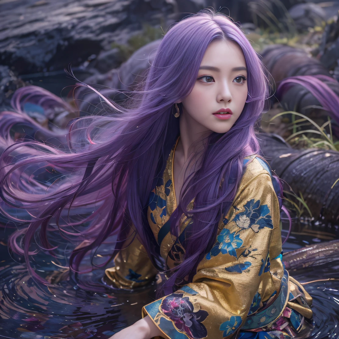 Genki Girl 32K(tmasterpiece,k hd,hyper HD,32K)Long flowing bright purple hair,Autumn Pond,zydink, a color, Asian people (Genki girl), (Silk scarf), Combat posture, looking at the ground, long whitr hair, Floating bright purple, Fire cloud pattern gold tiara, Chinese long-sleeved gold silk garment, (Abstract metaverse splash:1.2), white backgrounid,Lotus vitality protector(realisticlying:1.4),Bright purple hair,Smoke on the road,The background is pure, A high resolution, the detail, RAW photogr, Sharp Re, Nikon D850 Film Stock Photo by Jefferies Lee 4 Kodak Portra 400 Camera F1.6 shots, Rich colors, ultra-realistic vivid textures, Dramatic lighting, Unreal Engine Art Station Trend, cinestir 800,A girl with long flowing bright purple hair